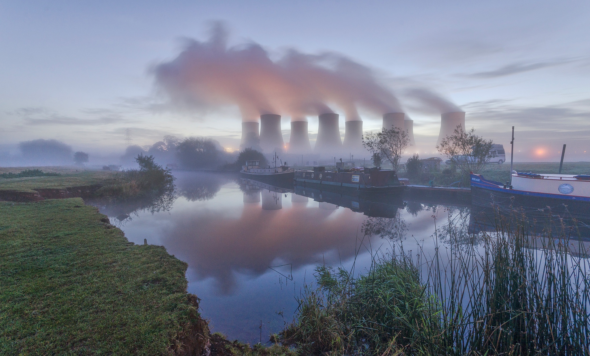 Smoke Power Plant Cooling Towers Environment Trees Long Exposure Water Boat Reflection Grass River M 2048x1237