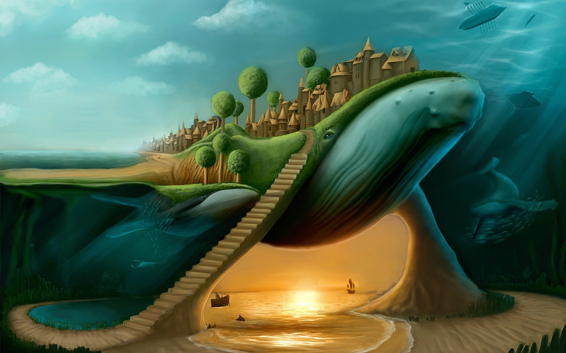 Surreal Whale Stairs Split View Abstract Fantasy Art 1920x1200