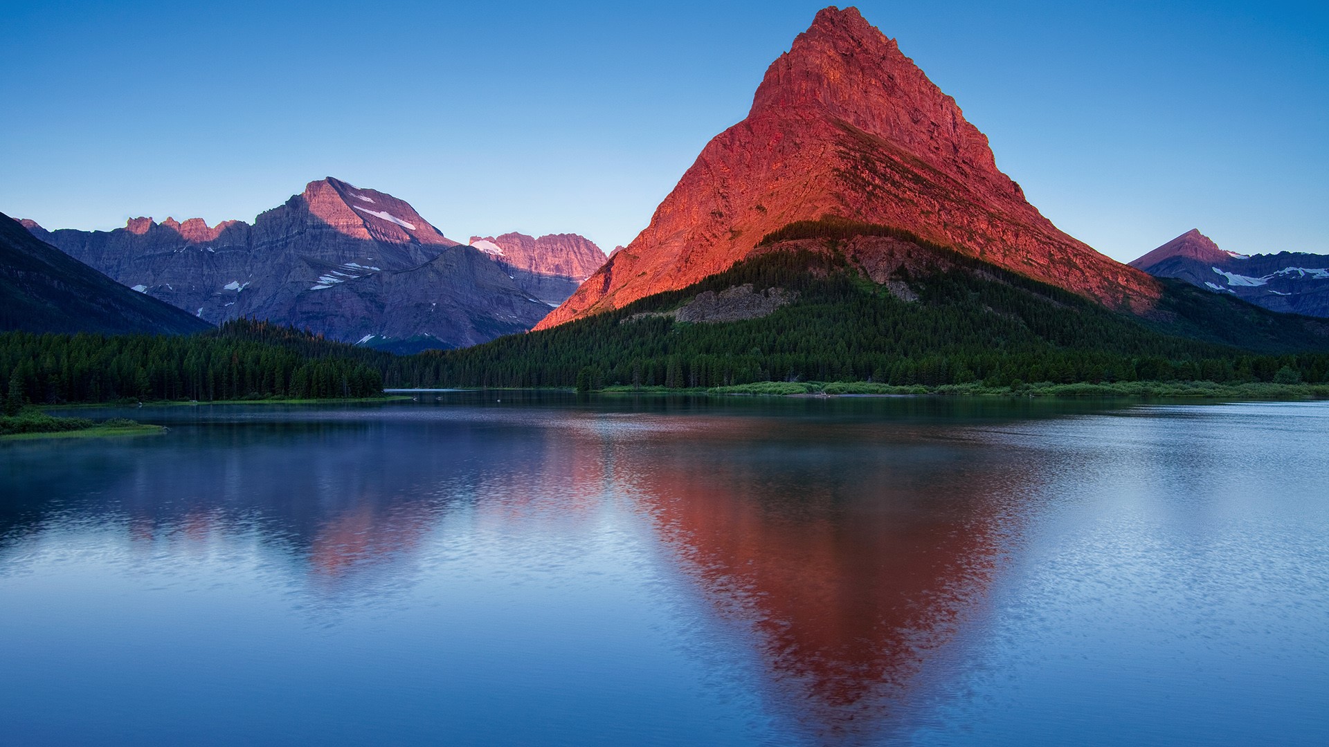 Nature Landscape Mountains Lake Trees Forest Snow Sunset Water Ripples Clear Sky Sunlight Swiftcurre 1920x1080