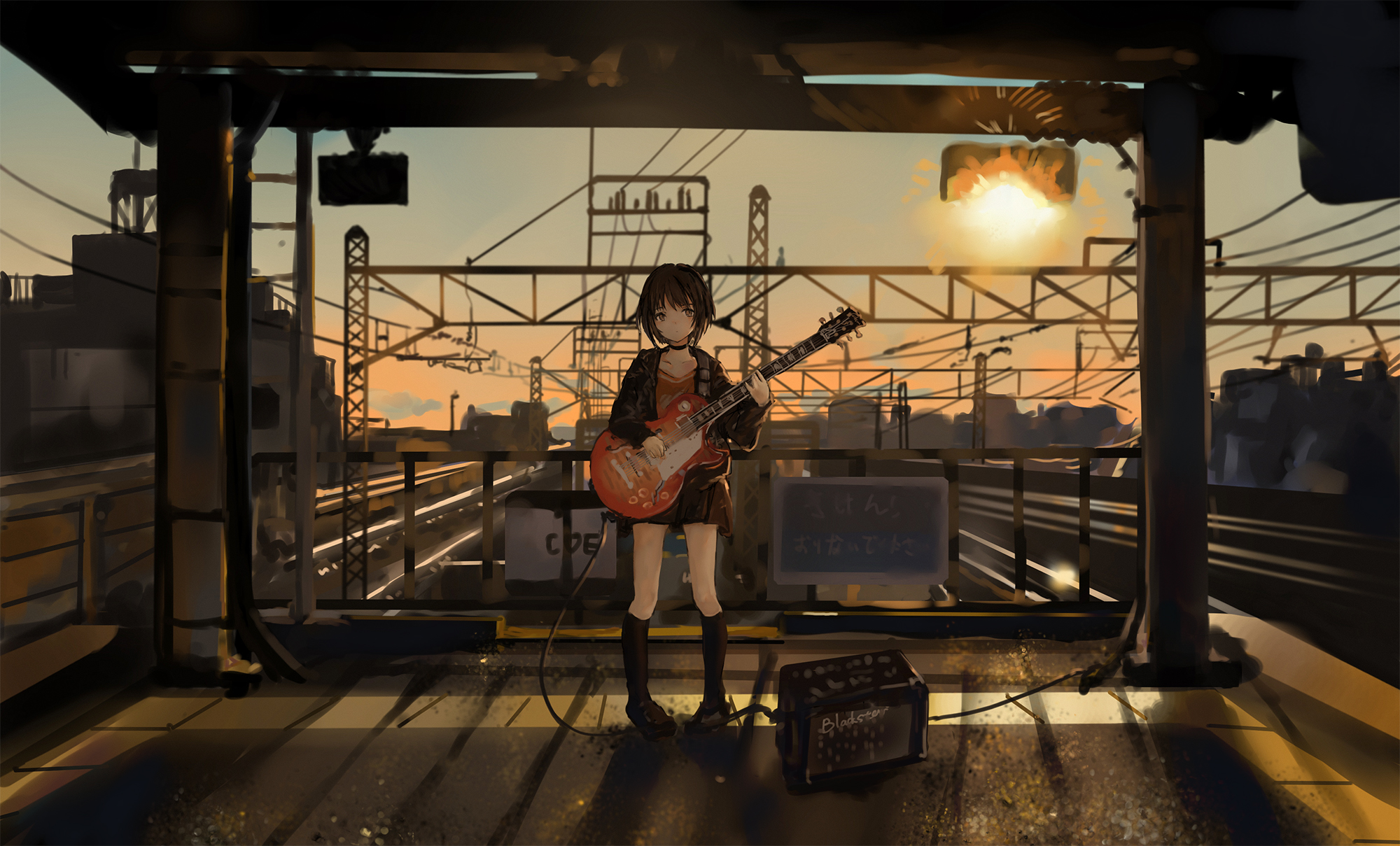 Anime Anime Girls Catzz Guitar Music Railway 2000x1209