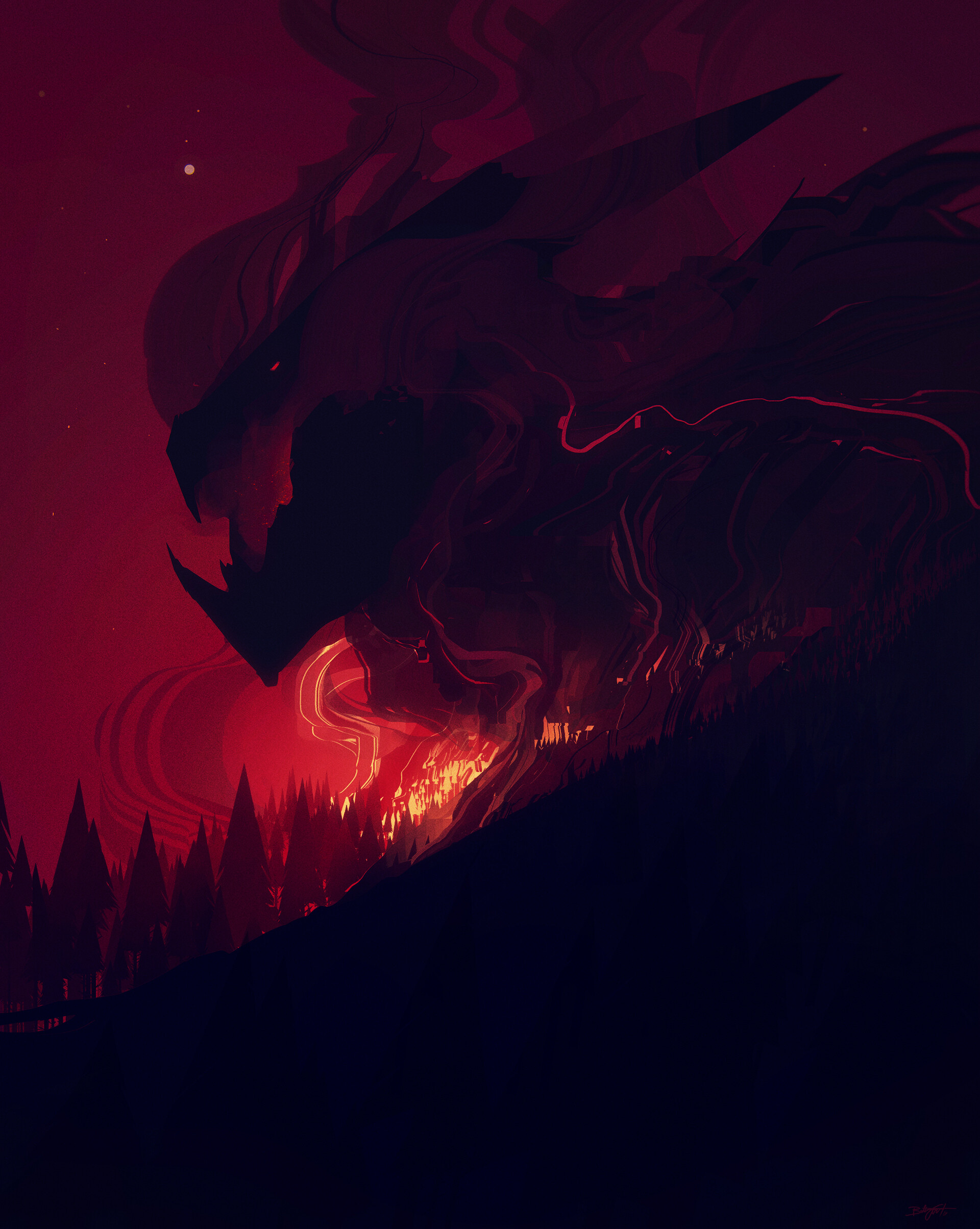 Bastien Grivet Demon Digital Art Forest Fire Smoke 1920x2408