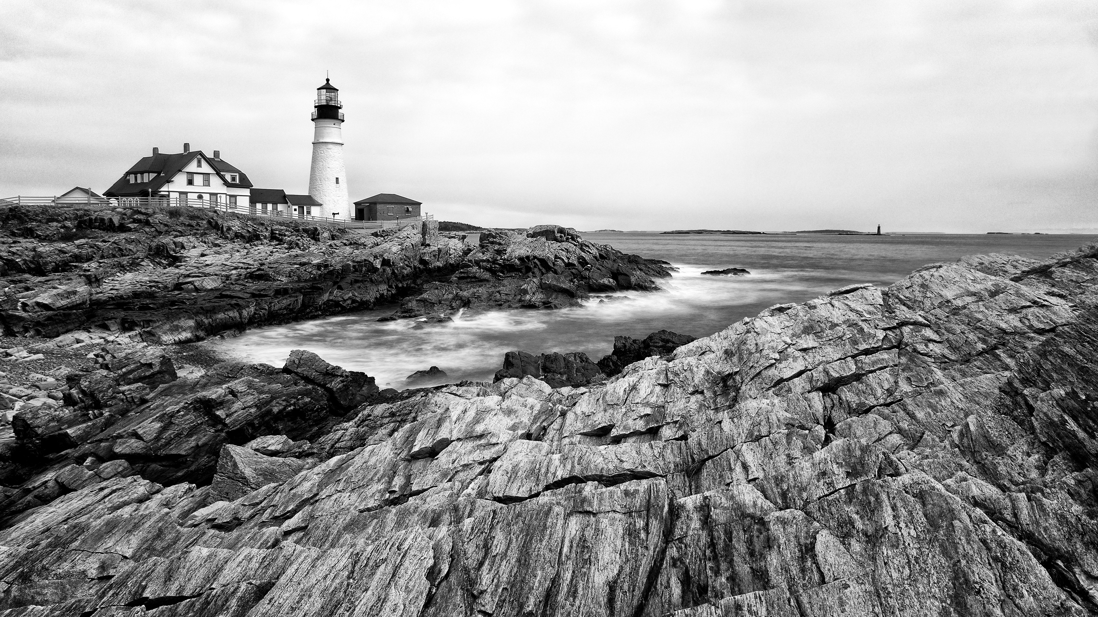 Landscape Portland Sea Rocks Lighthouse Monochrome 3840x2160