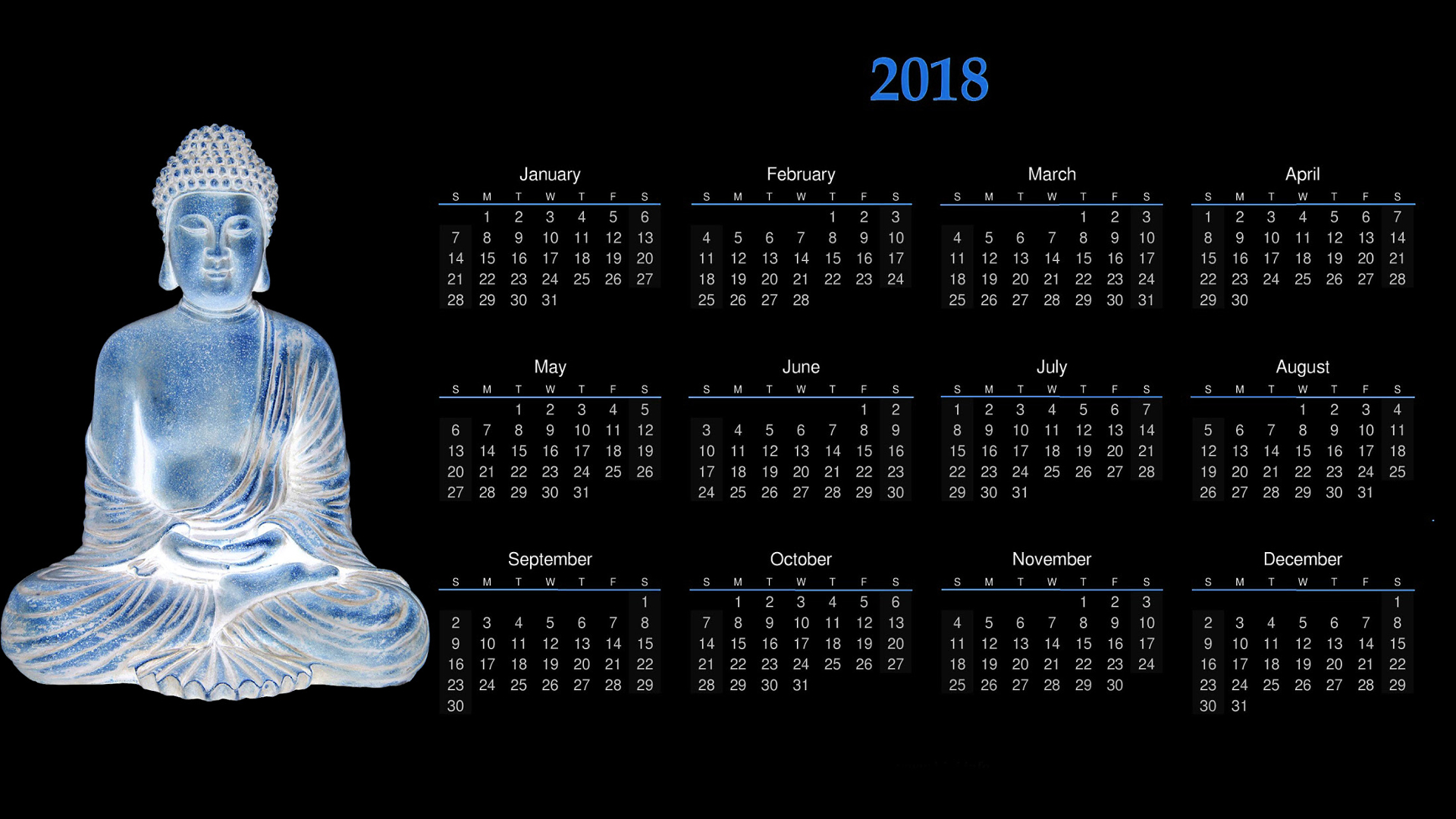 Calendar 2018 Year Black Background Month Buddha Meditation Numbers Sculpture 1920x1080