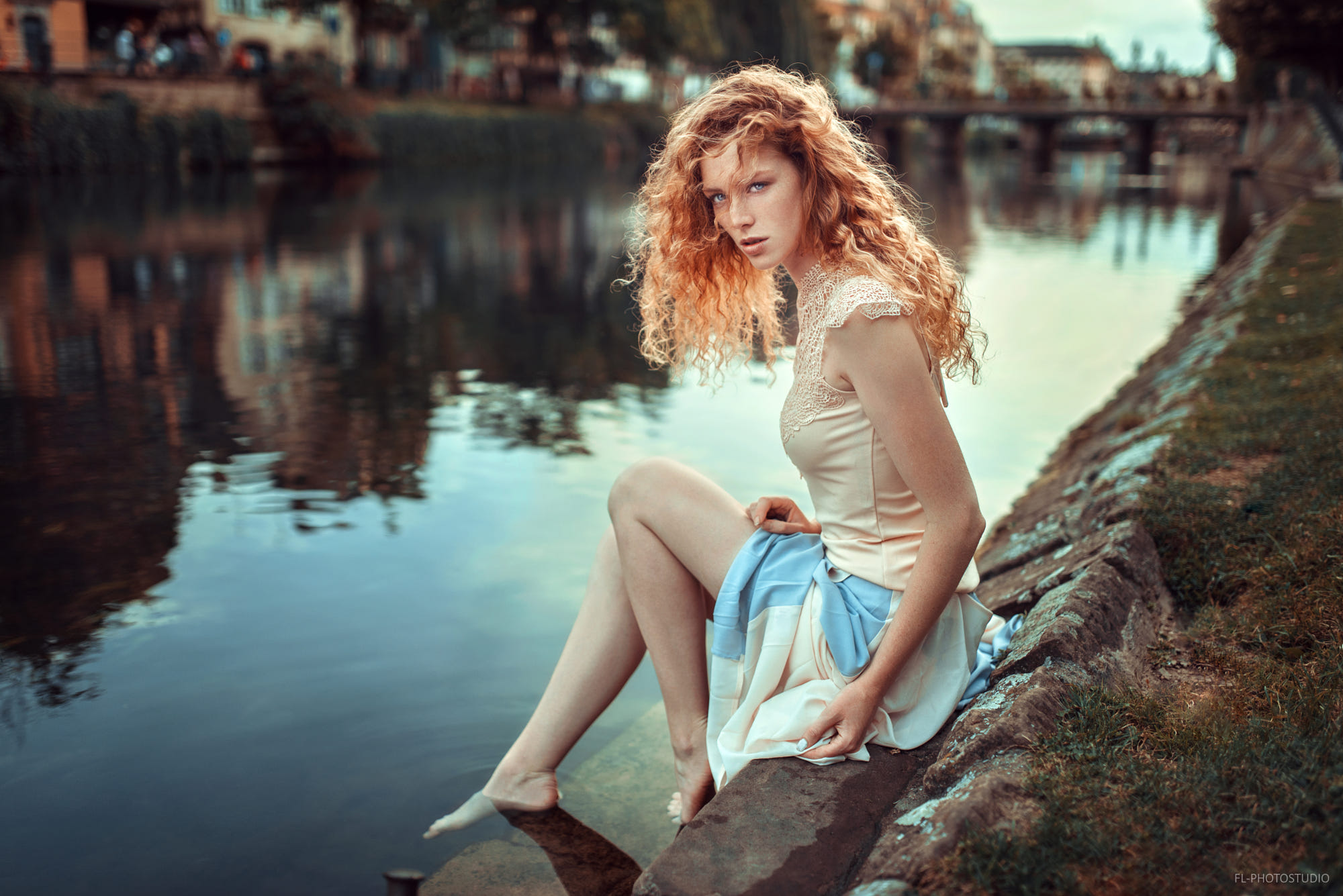 Women Redhead Legs River Water Long Hair Curly Hair Skirt Riverside Sitting Women Outdoors Blue Eyes 2000x1335