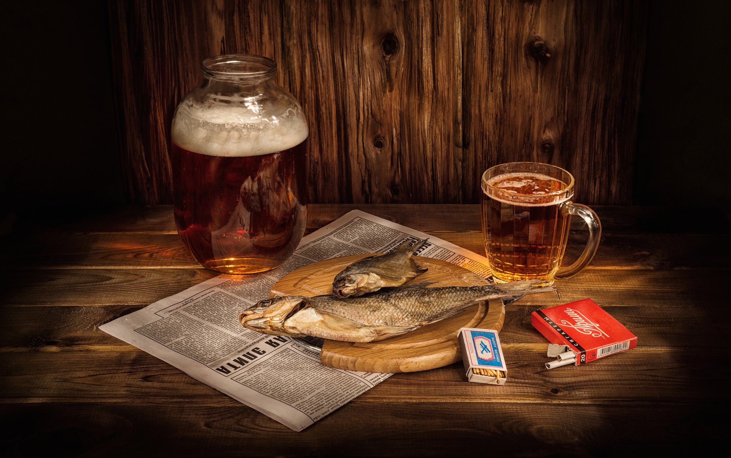 Fish Beer Cigarettes Food Still Life Wood House Newspapers 2500x1566
