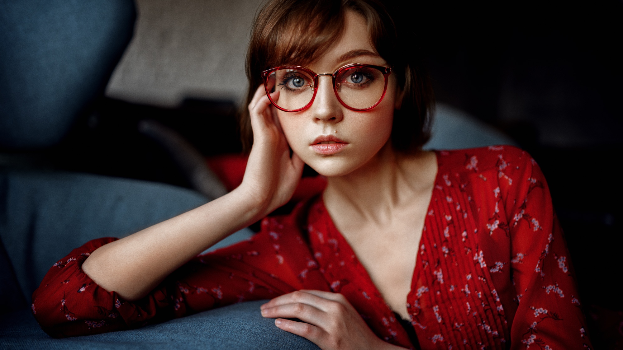 Olya Pushkina Women Model Brunette Blue Eyes Women With Glasses Glasses Touching Face Looking At Vie 2000x1125