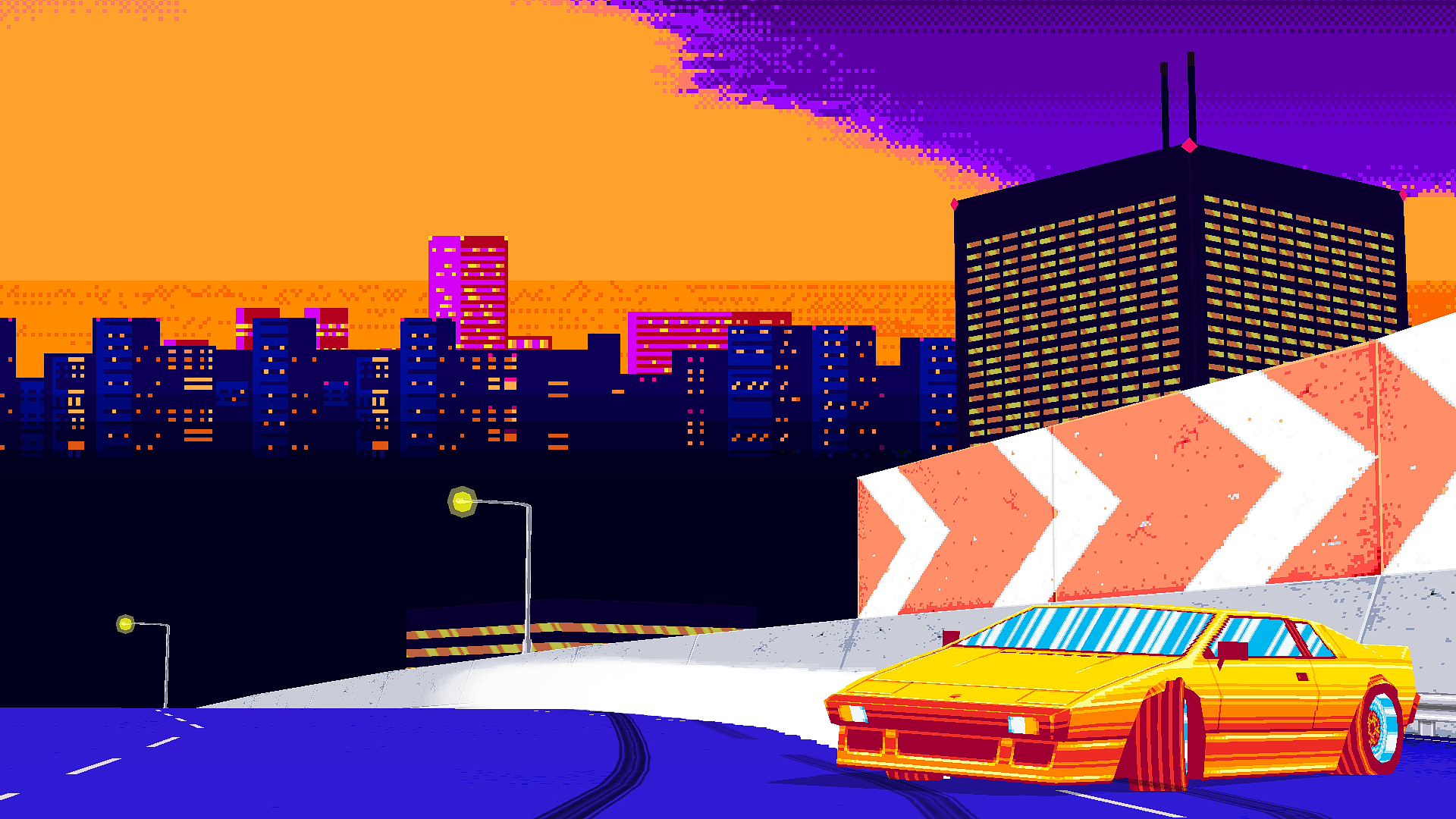 8 Bit Sunset City Freeway Lamborghini Drift Stage Pixels 1920x1080