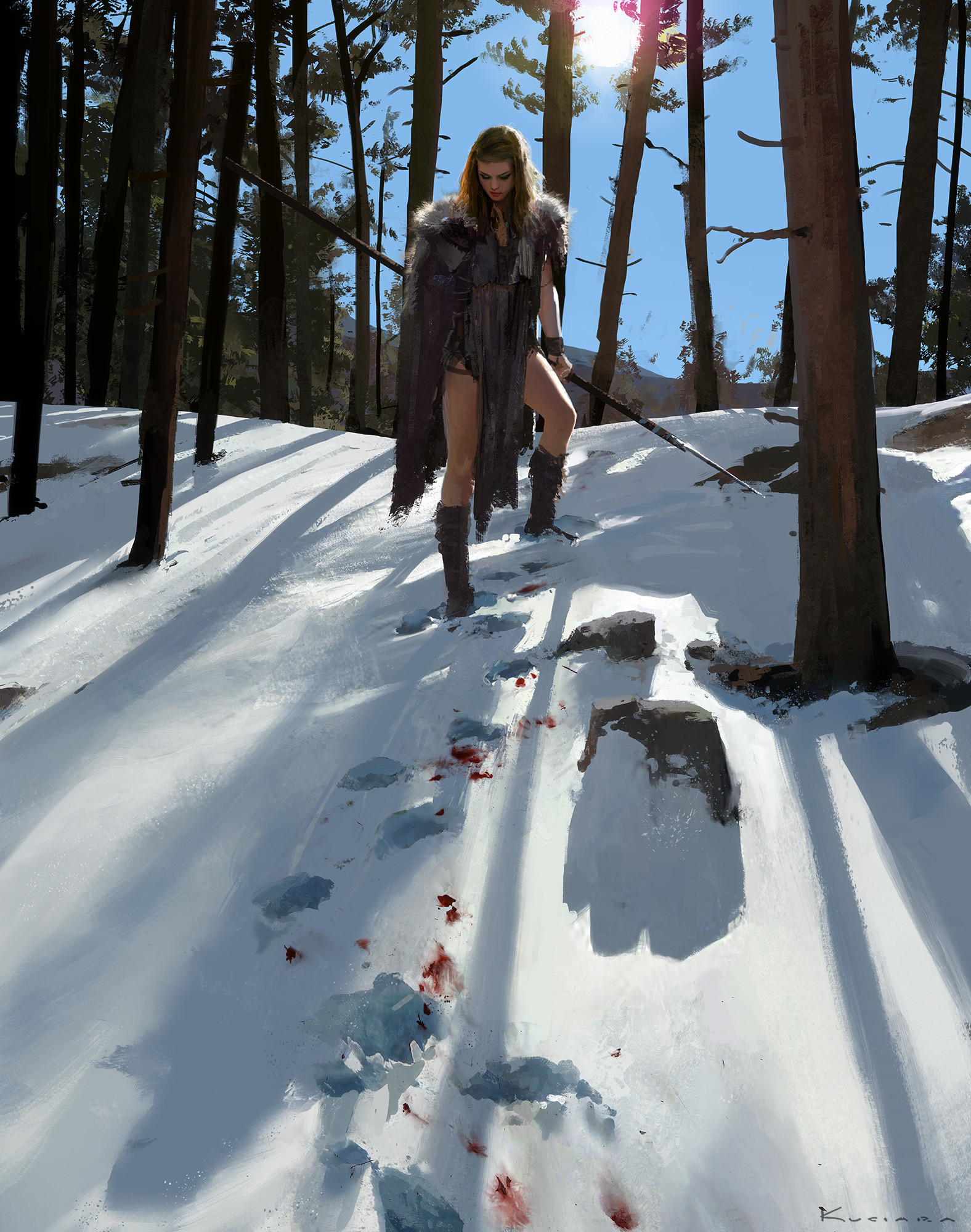 Digital Art Artwork Portrait Portrait Display Illustration Snow Women Barbarian Spear Forest Tracks 1576x2000
