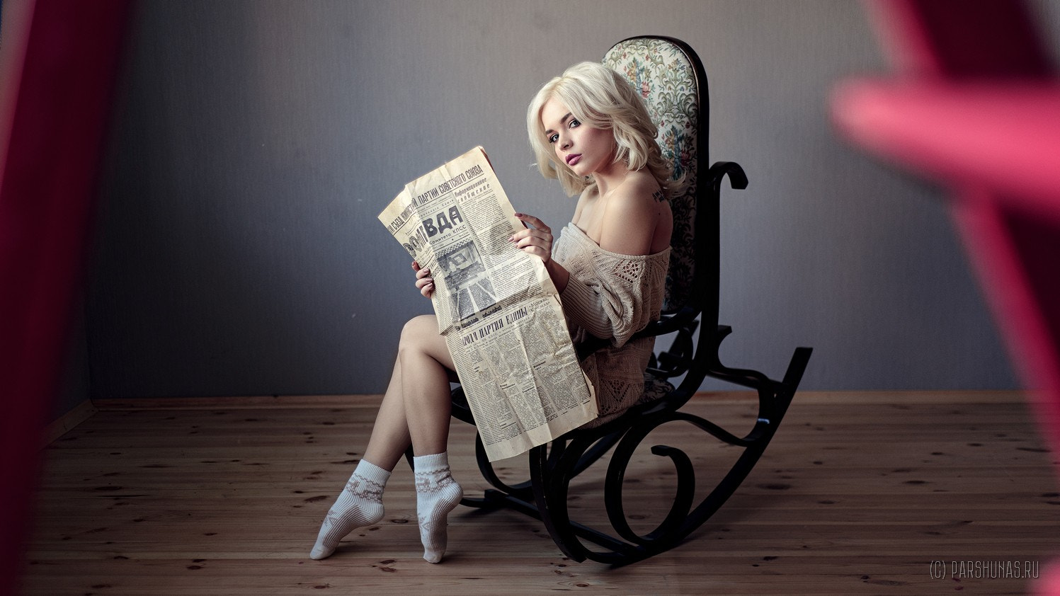 Women Blonde Bare Shoulders Socks Newspapers Sweater Kristina Mamatyukova Anton Parshunas Reading 1497x842