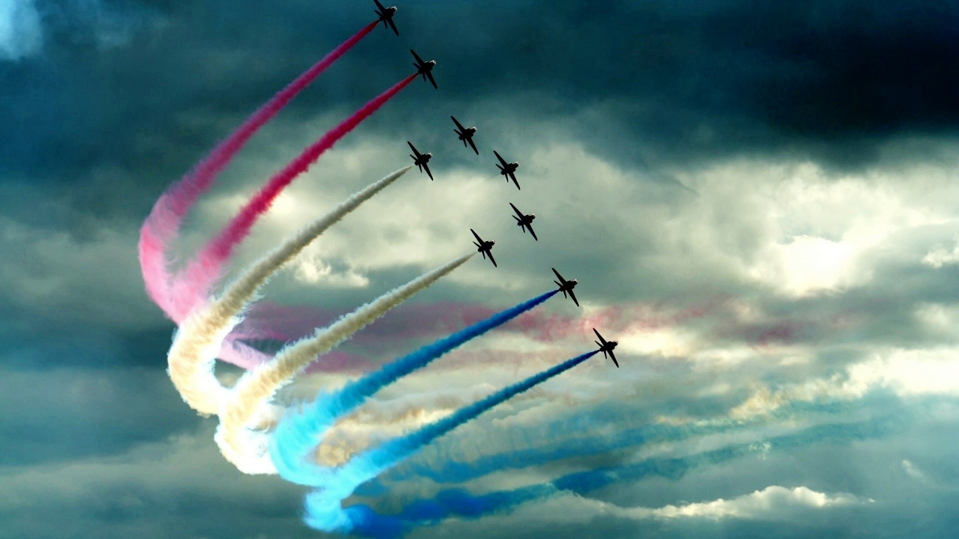 Airplane Smoke Colored Smoke Clouds Photography Sun 1920x1080