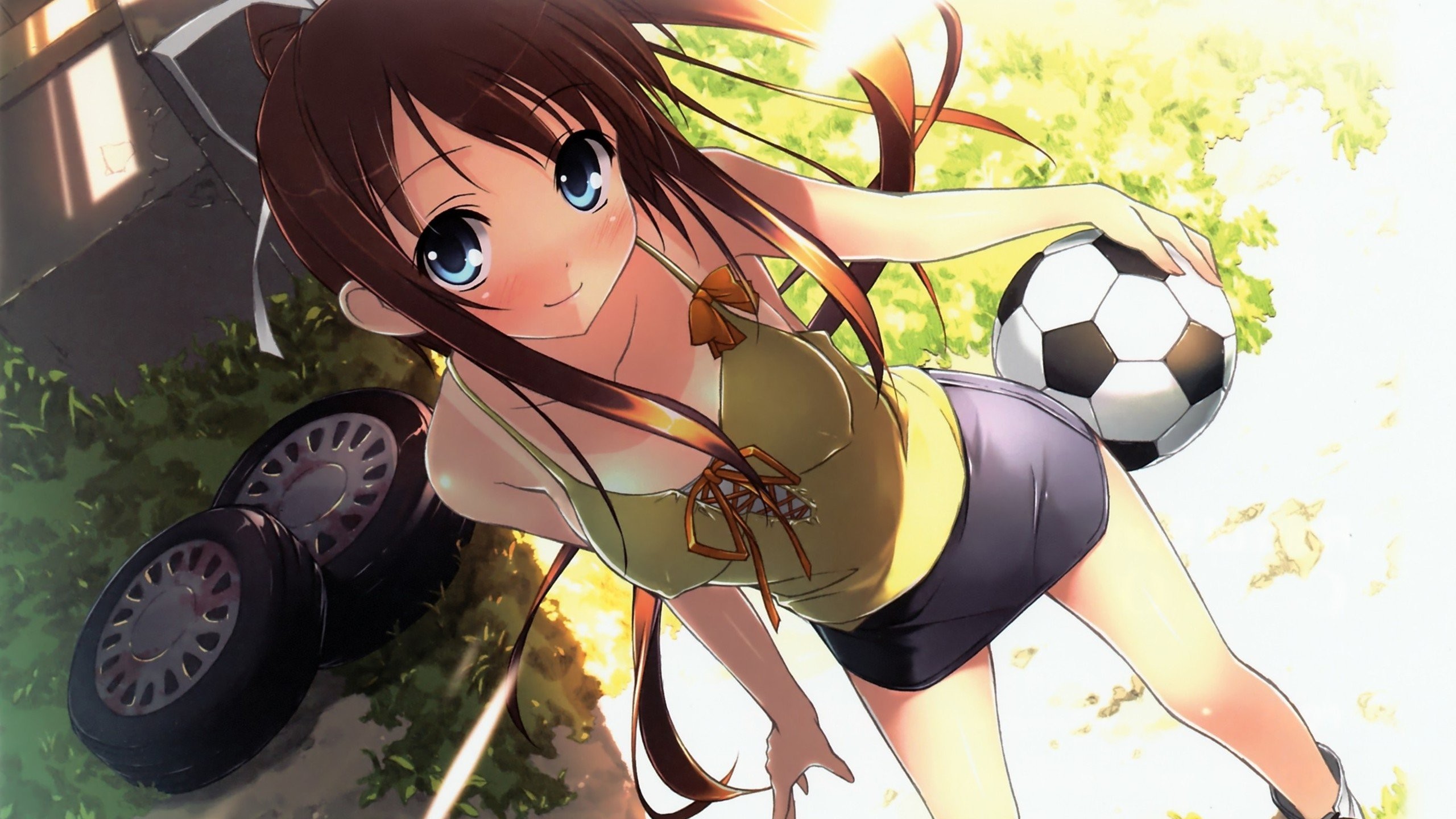 Anime Anime Girls Natsu No Ame Soccer Ball Tanlines Skirt Smiling Blue Eyes Brunette 2560x1440