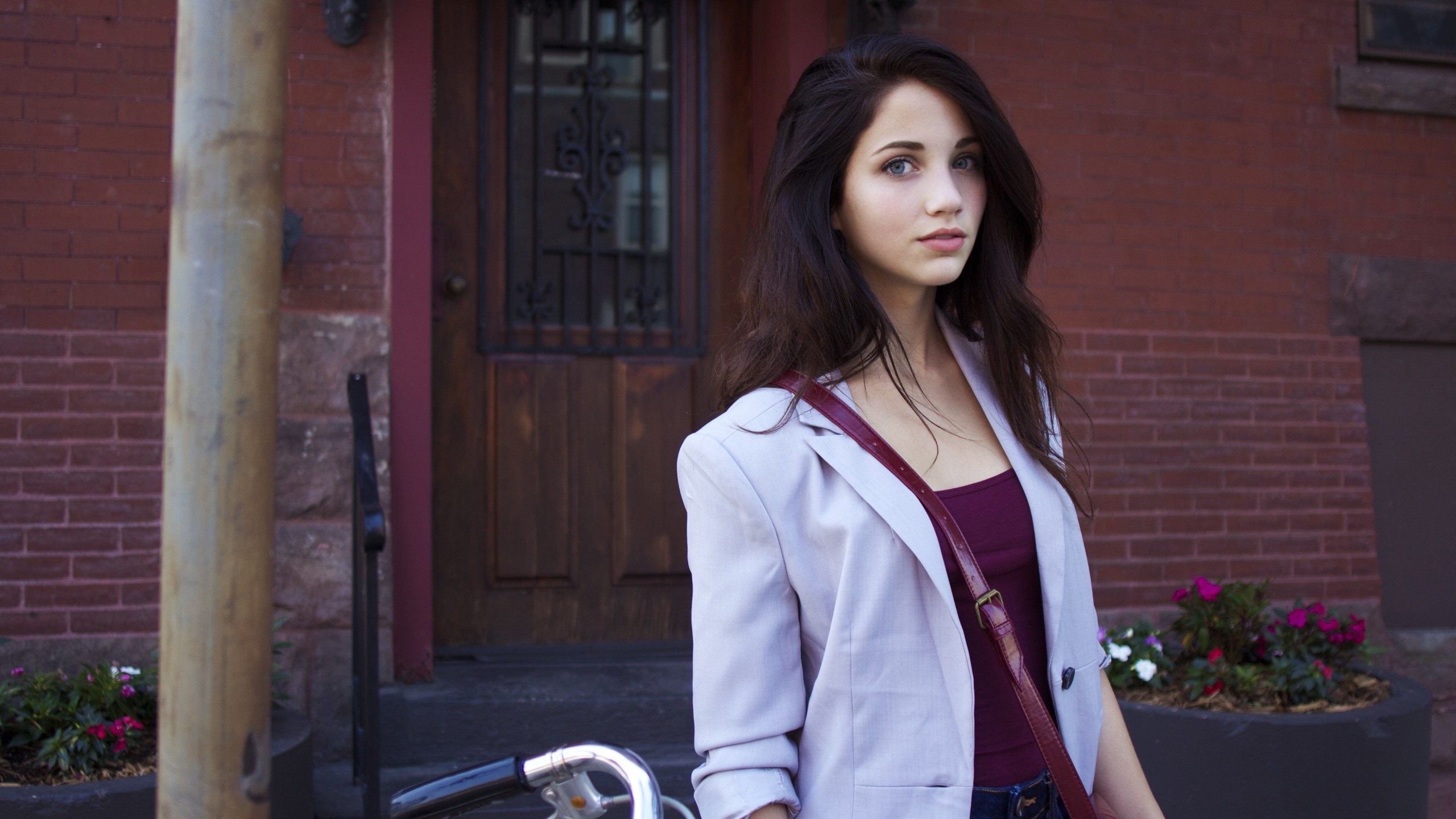 Emily Rudd Brunette Women Blue Eyes Looking At Viewer Long Hair White Jacket Red Tops Stairs 2560x1440