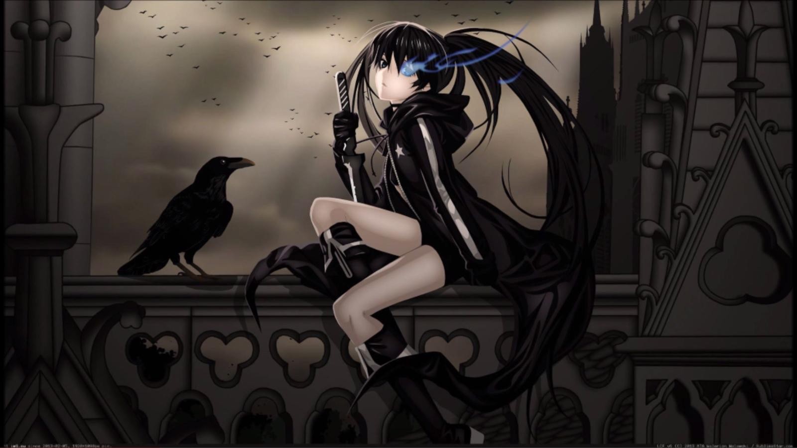 Black Rock Shooter Black Outfits Anime Girls Anime Dark Hair Raven Animals Birds 1600x900