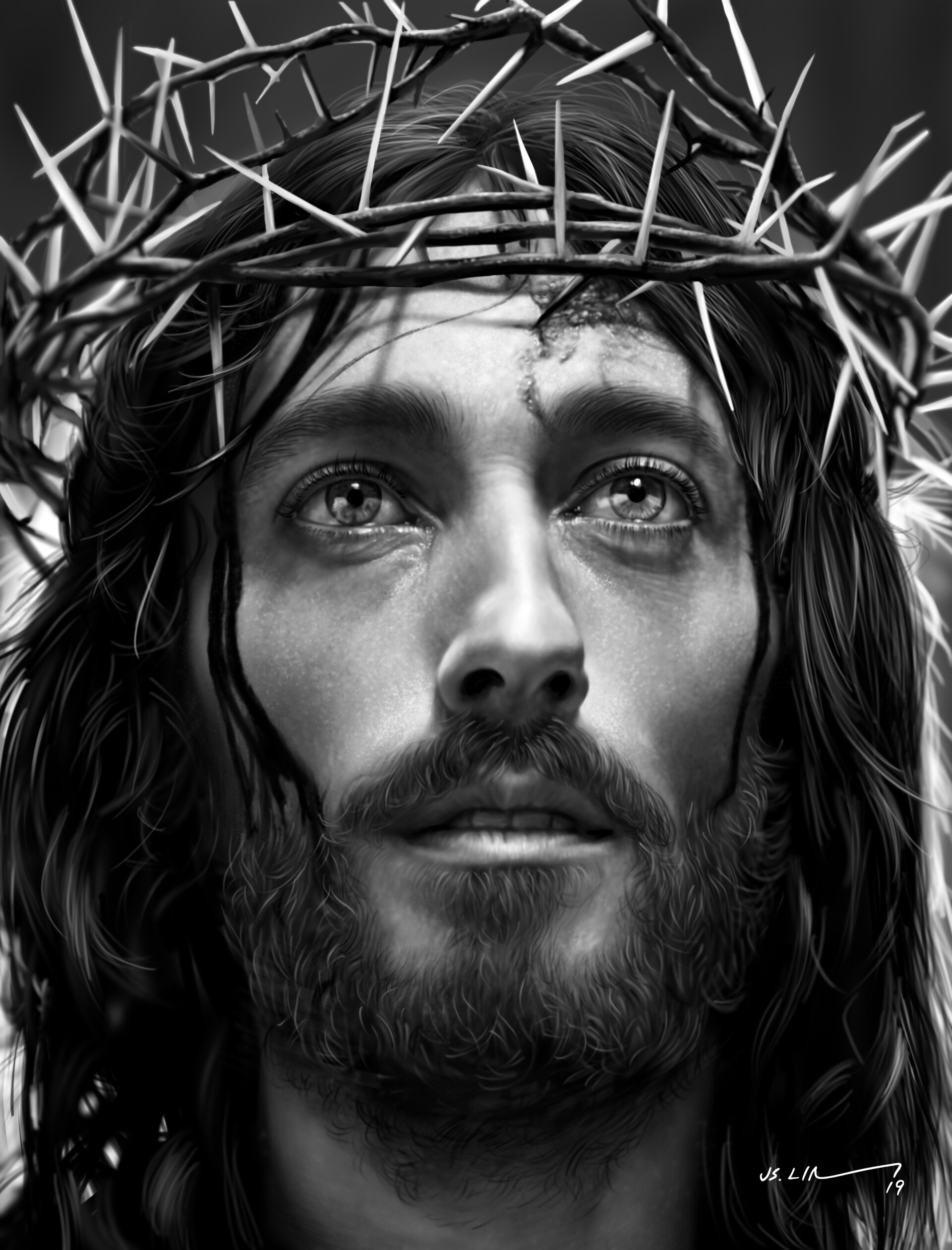 Digital Art Artwork Face Jesus Christ Religious Christianity Jinsung Lim Monochrome Men God Crown Be 1920x2519
