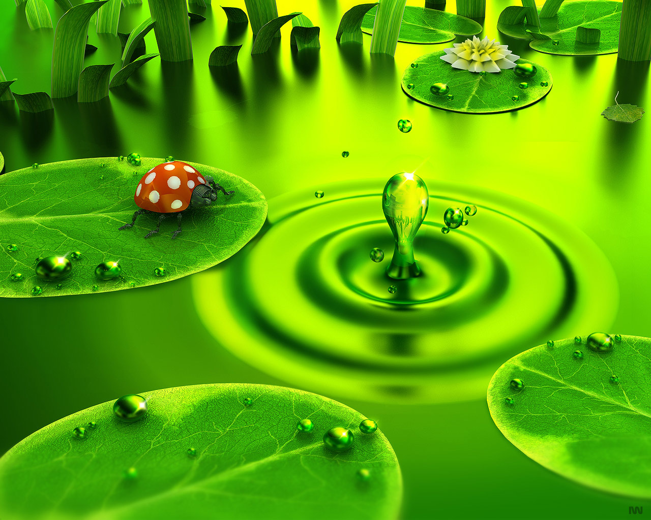 Green Digital Art Nature Pond Ladybug Bug 1280x1024