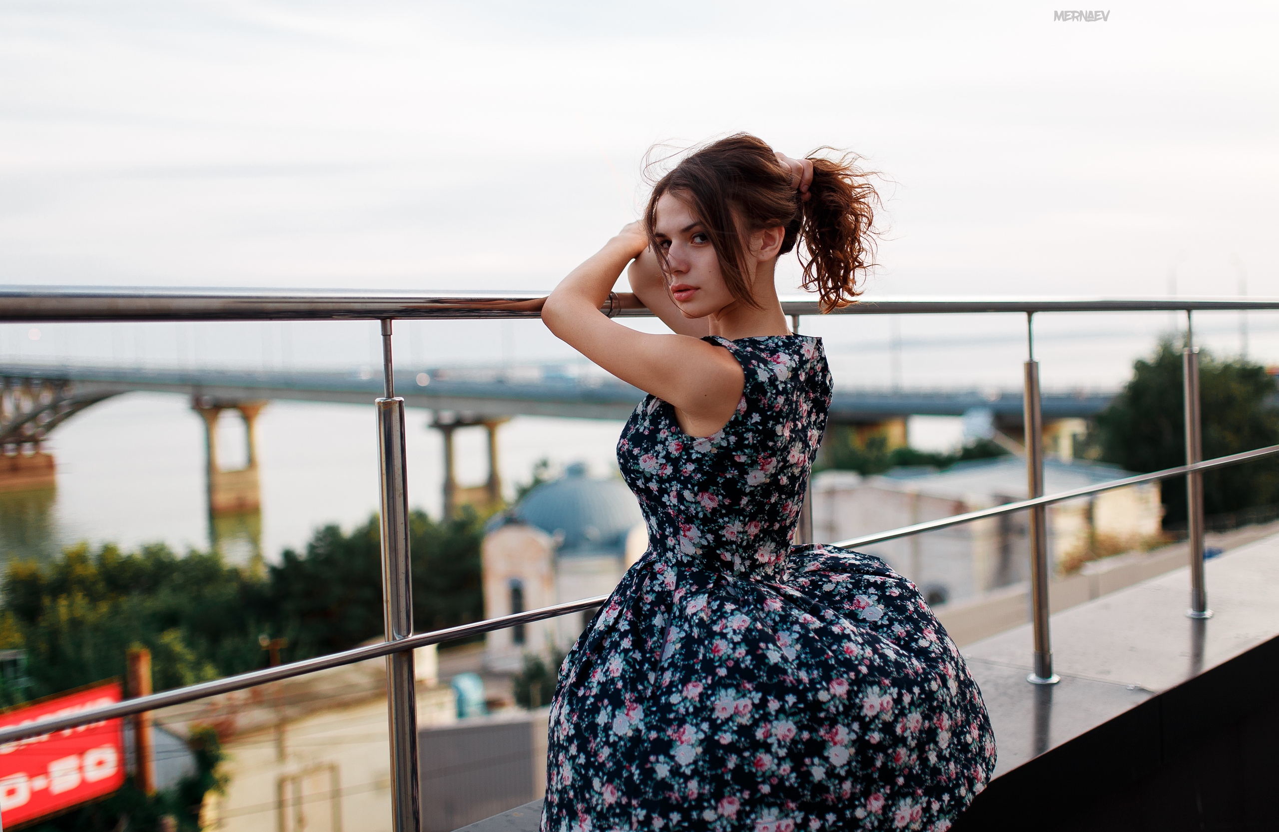 Women Model Brunette Looking At Viewer Portrait Dress Depth Of Field Railings Holding Hair Women Out 2560x1666