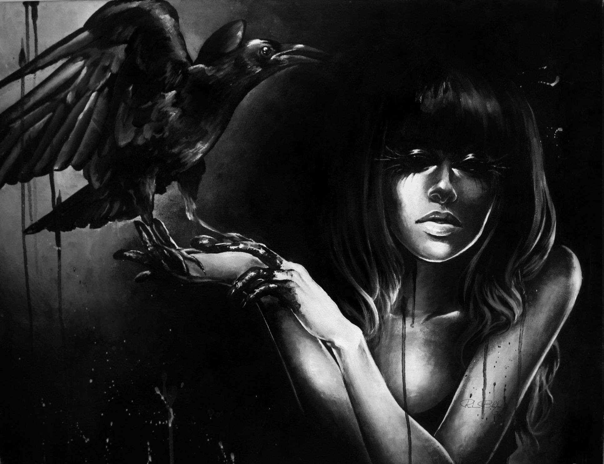 Artwork Fantasy Art Fantasy Girl Birds Rave Monochrome Dark 1932x1484