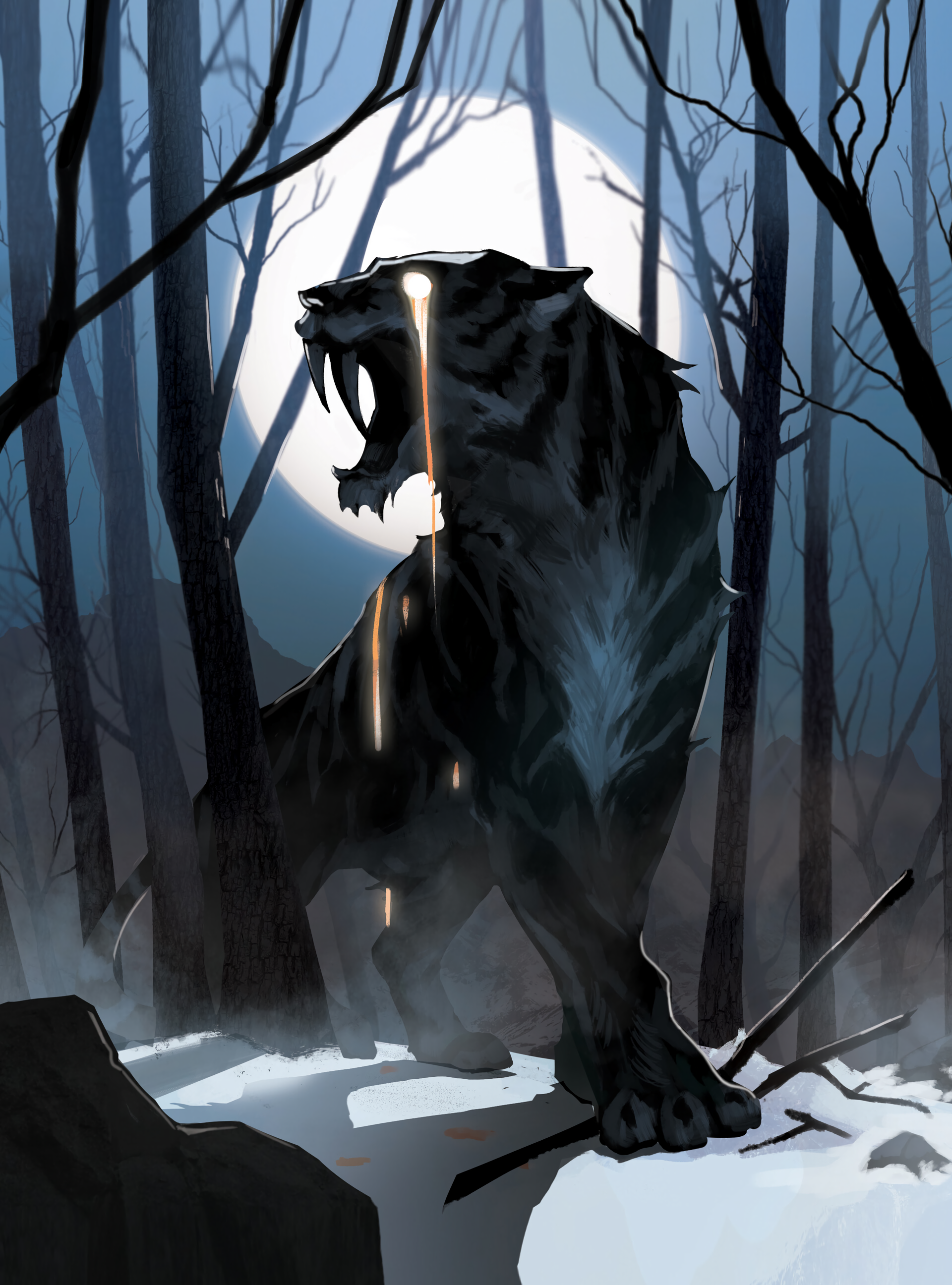 Tiger Artwork Digital Art Snow Night Animals Fangs Teeth Vertical Sabertooth Sunghee Park 1920x2592