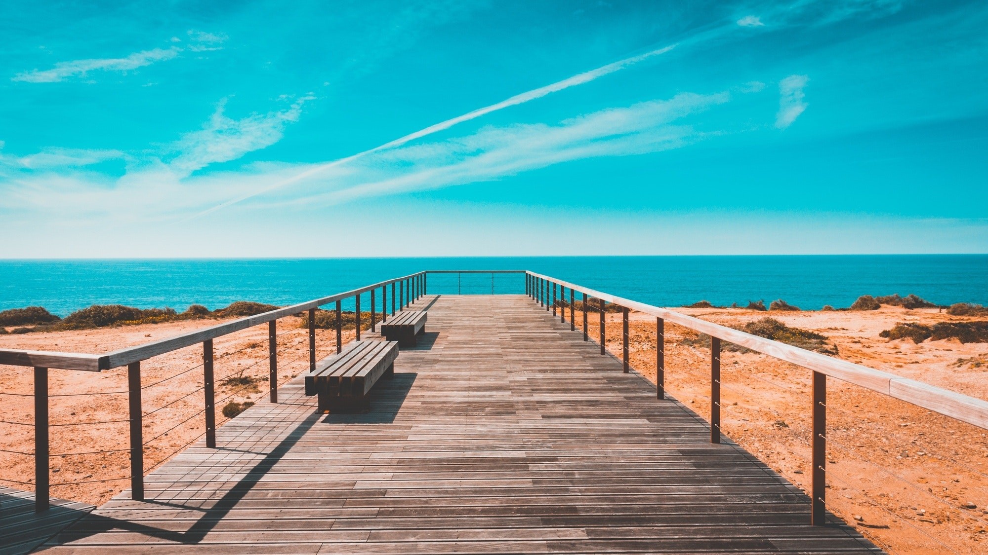 Nature Landscape Pacific Ocean Horizon Bench Plants Sand Beach Clouds Sky Water Wooden Bridge Fence  2000x1125