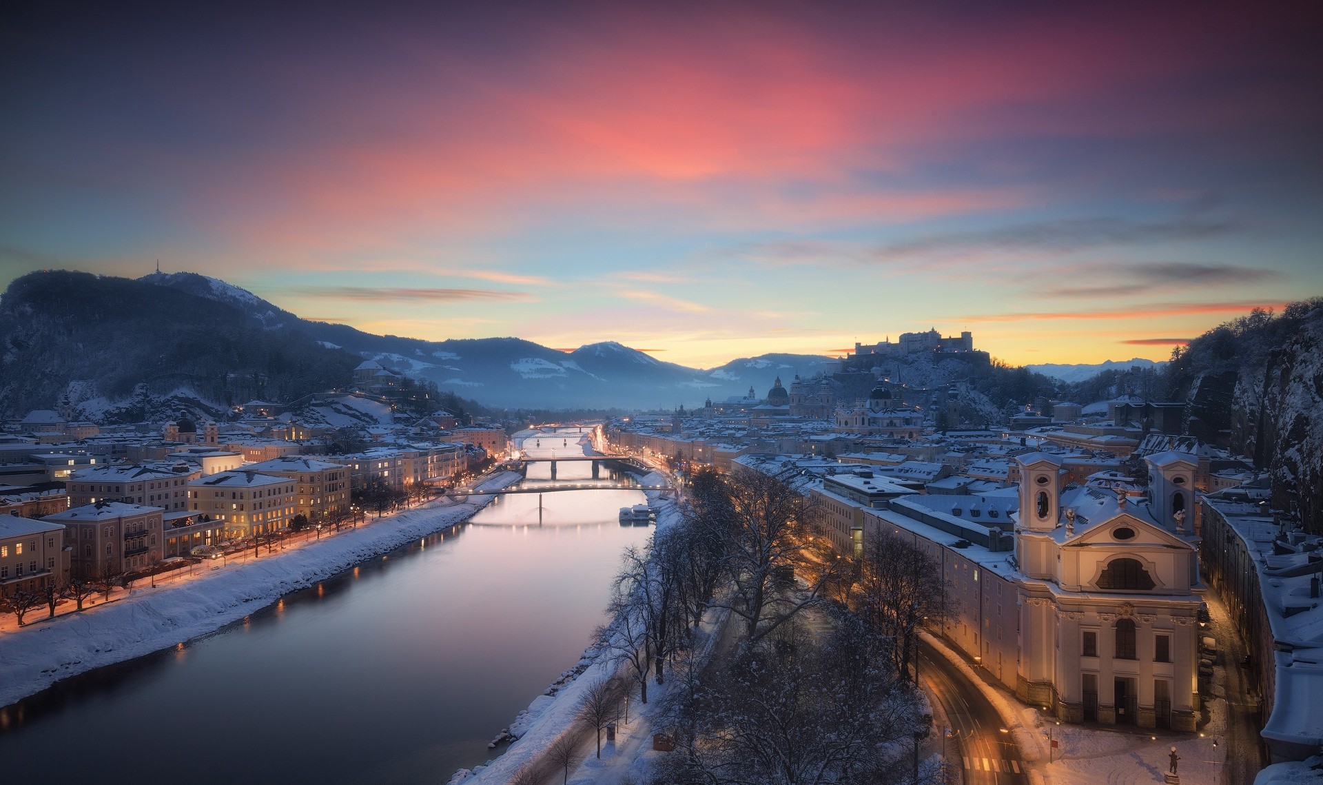 Salzburg Austria Cityscape City River Winter Snow Mountains Sky 1920x1139