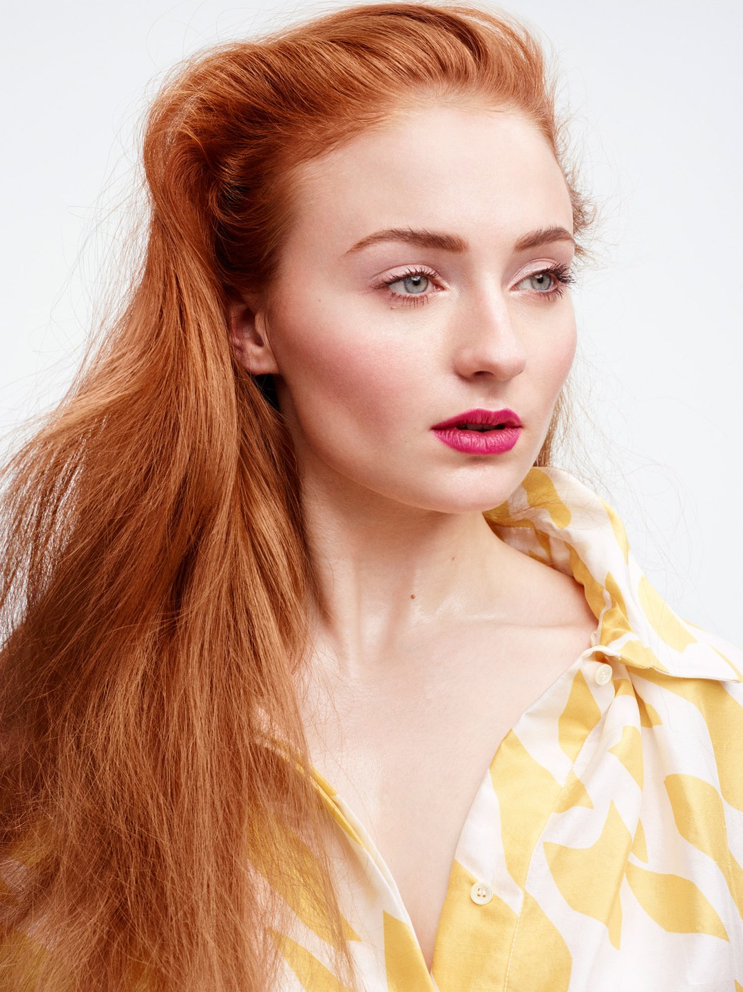 Sophie Turner Women Redhead Blue Eyes Simple Background Actress Fair Skin Long Hair Looking Into The 1079x1440