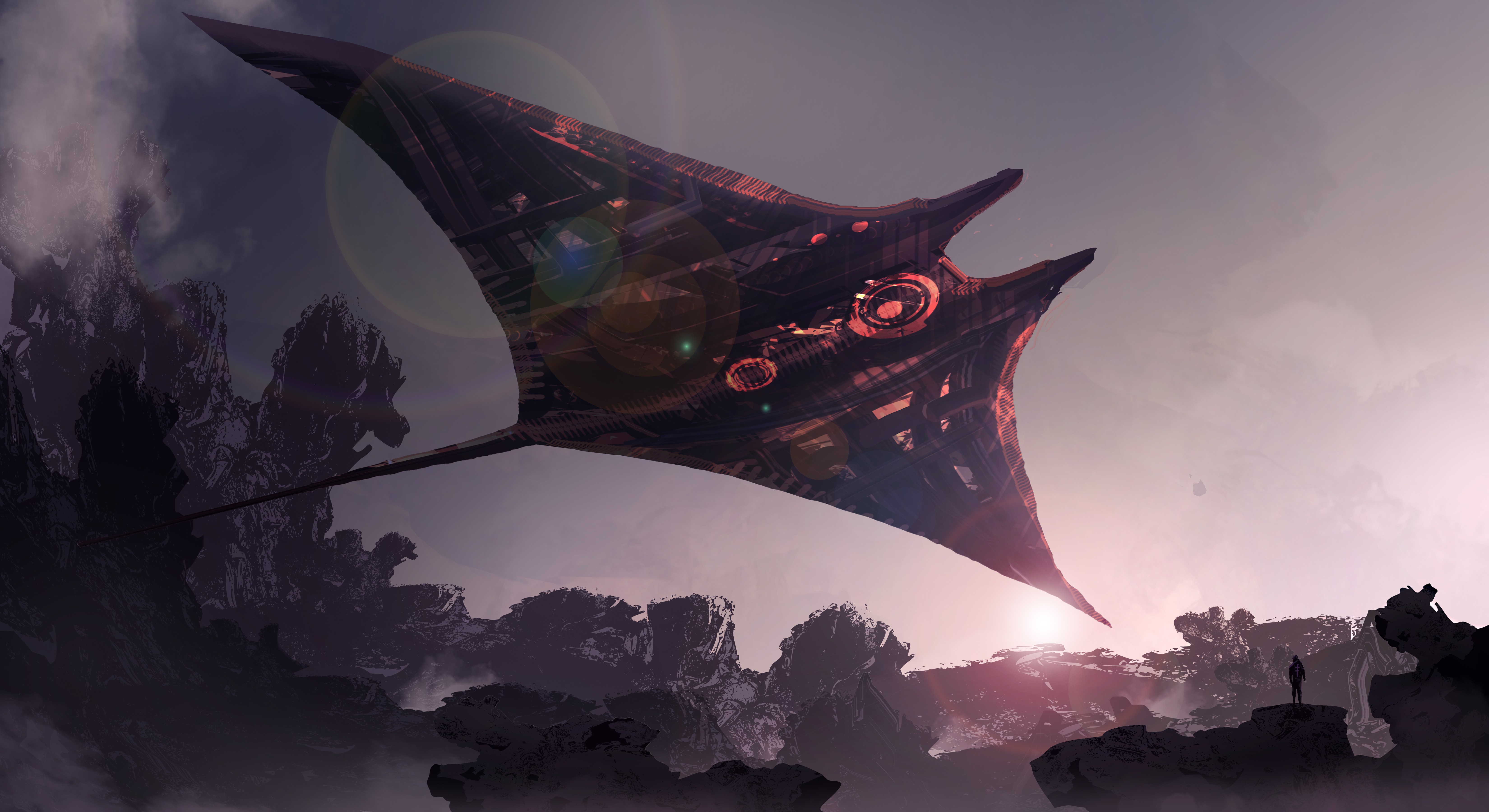Futuristic Spaceship Manta Rays Science Fiction Digital Art 6600x3600