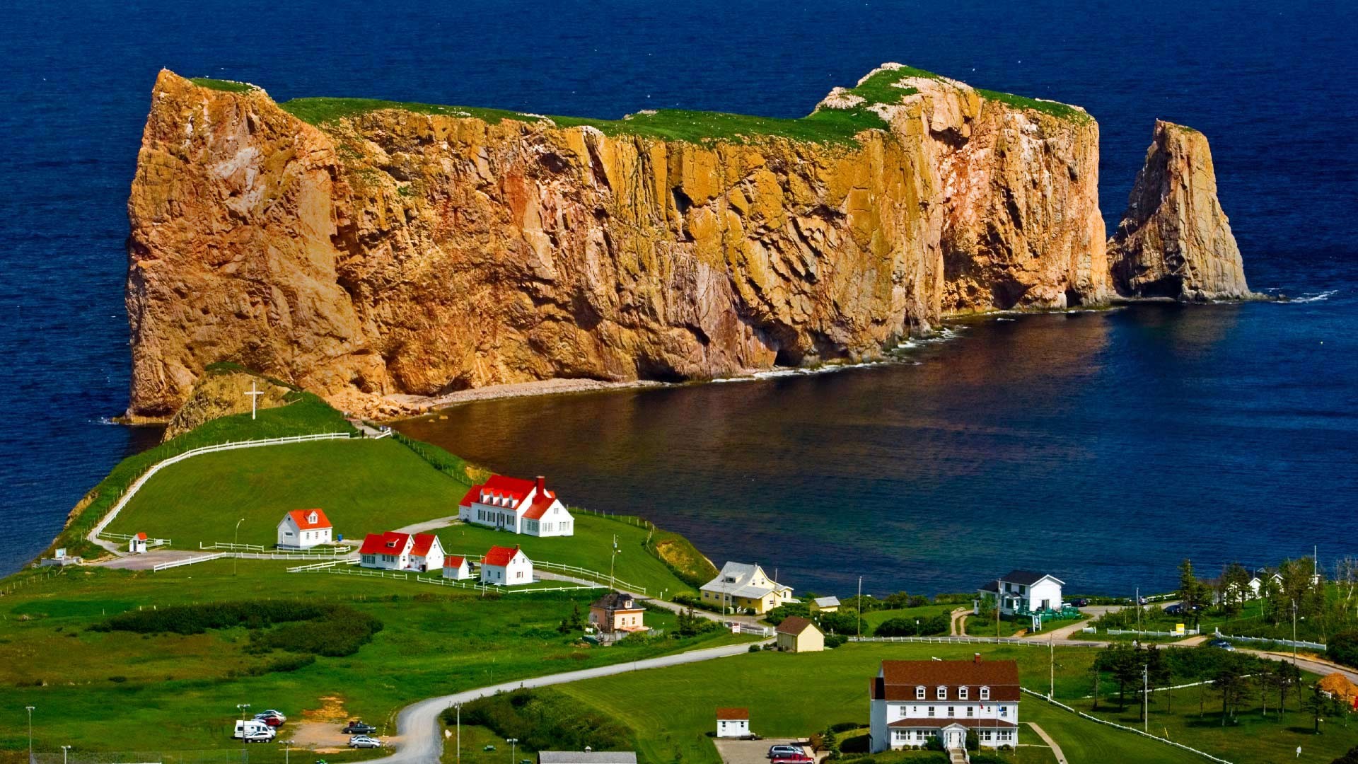 Nature Landscape Trees House Quebec Canada Rock Sea Rock Formation Field Grass Road Water Birds Eye  1920x1080