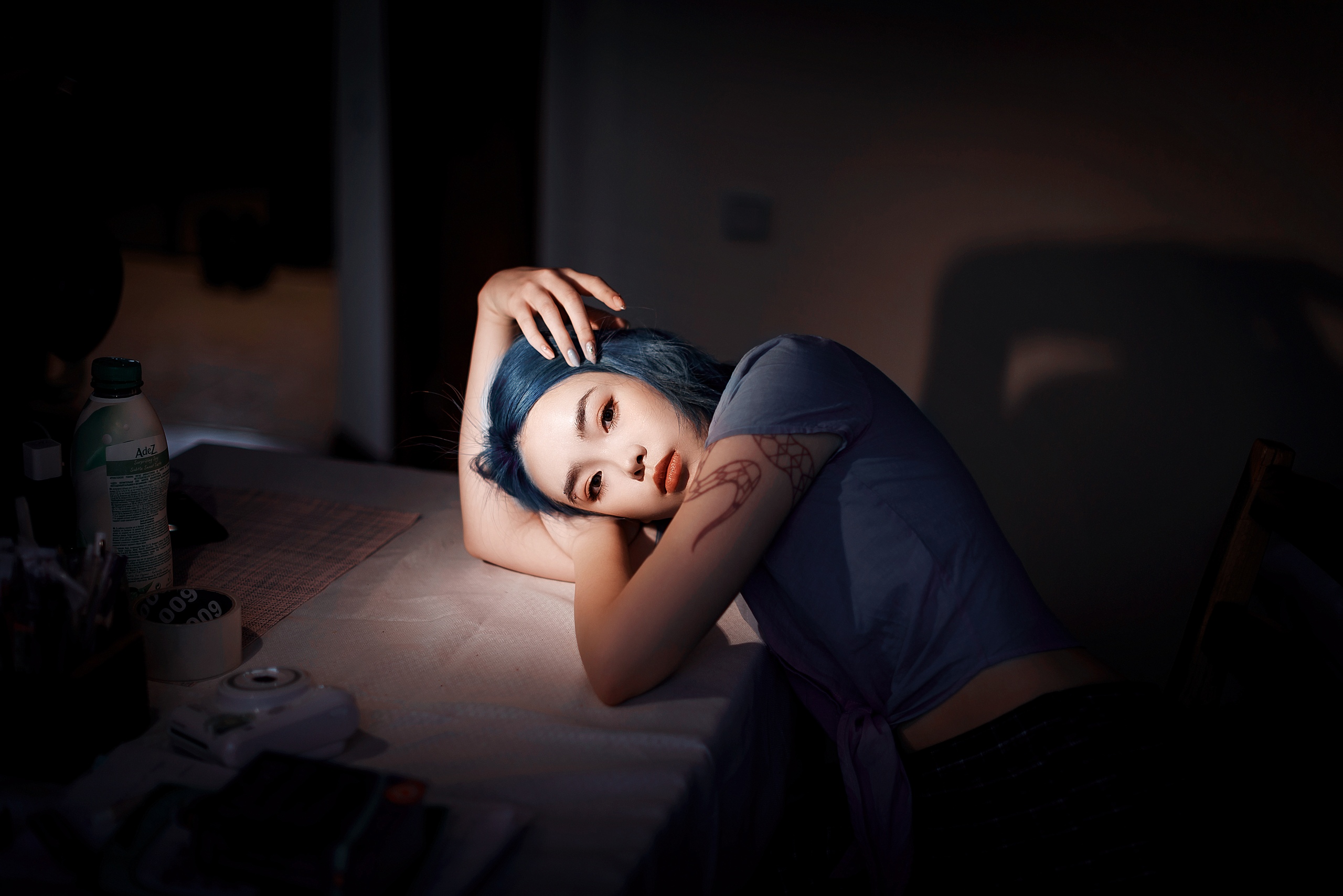 Women Model Asian Blue Hair Dyed Hair Looking At Viewer Pierced Eyebrow Shirt Sitting Dark Painted N 2560x1709