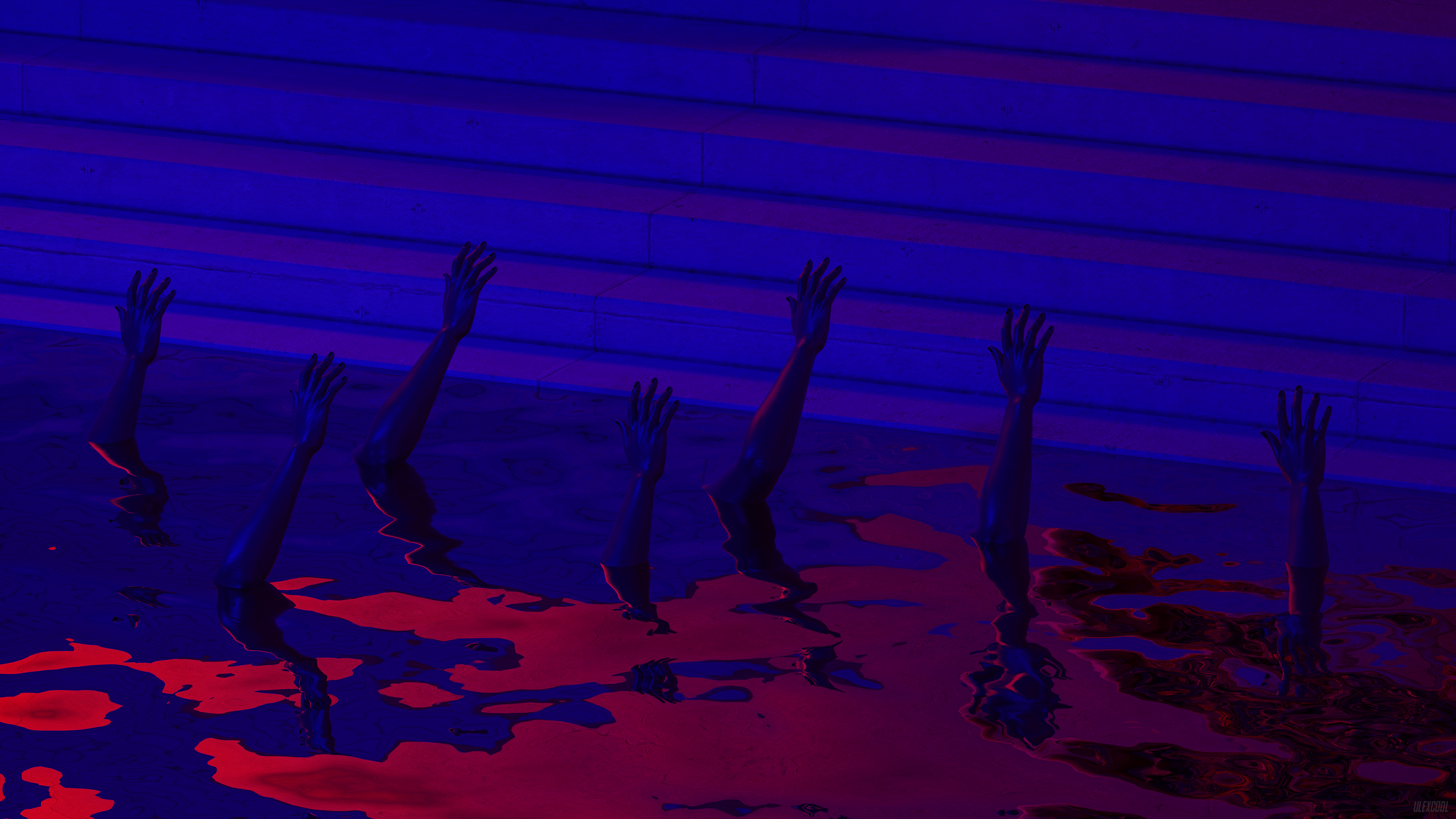 Neon Blue Red Water Hands Stairs Reflection Cult Cultist Arms Digital Art 3840x2160
