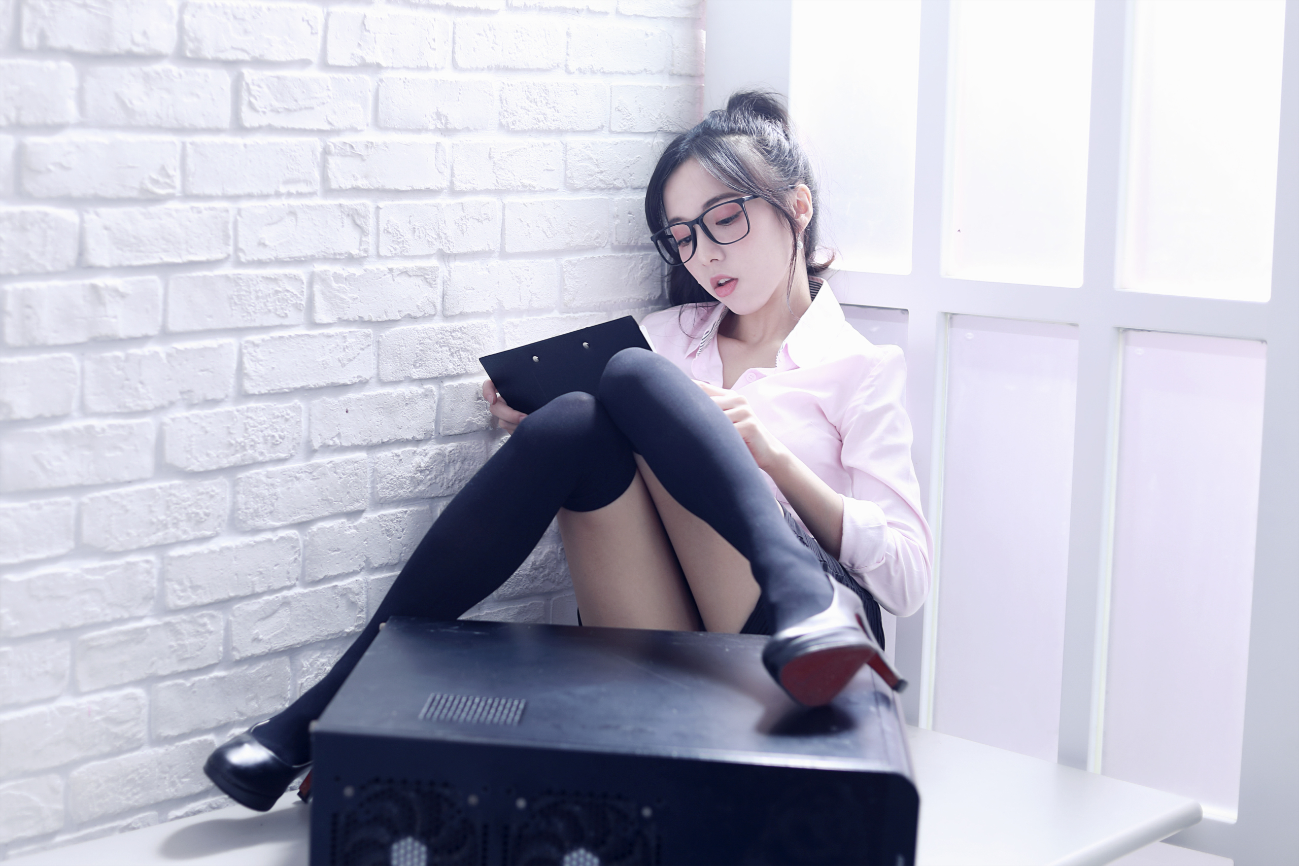 Women Model Asian Brunette Ponytail Office Girl Shirt Knee Highs Black Legwear High Heels Reading Bo 2560x1707