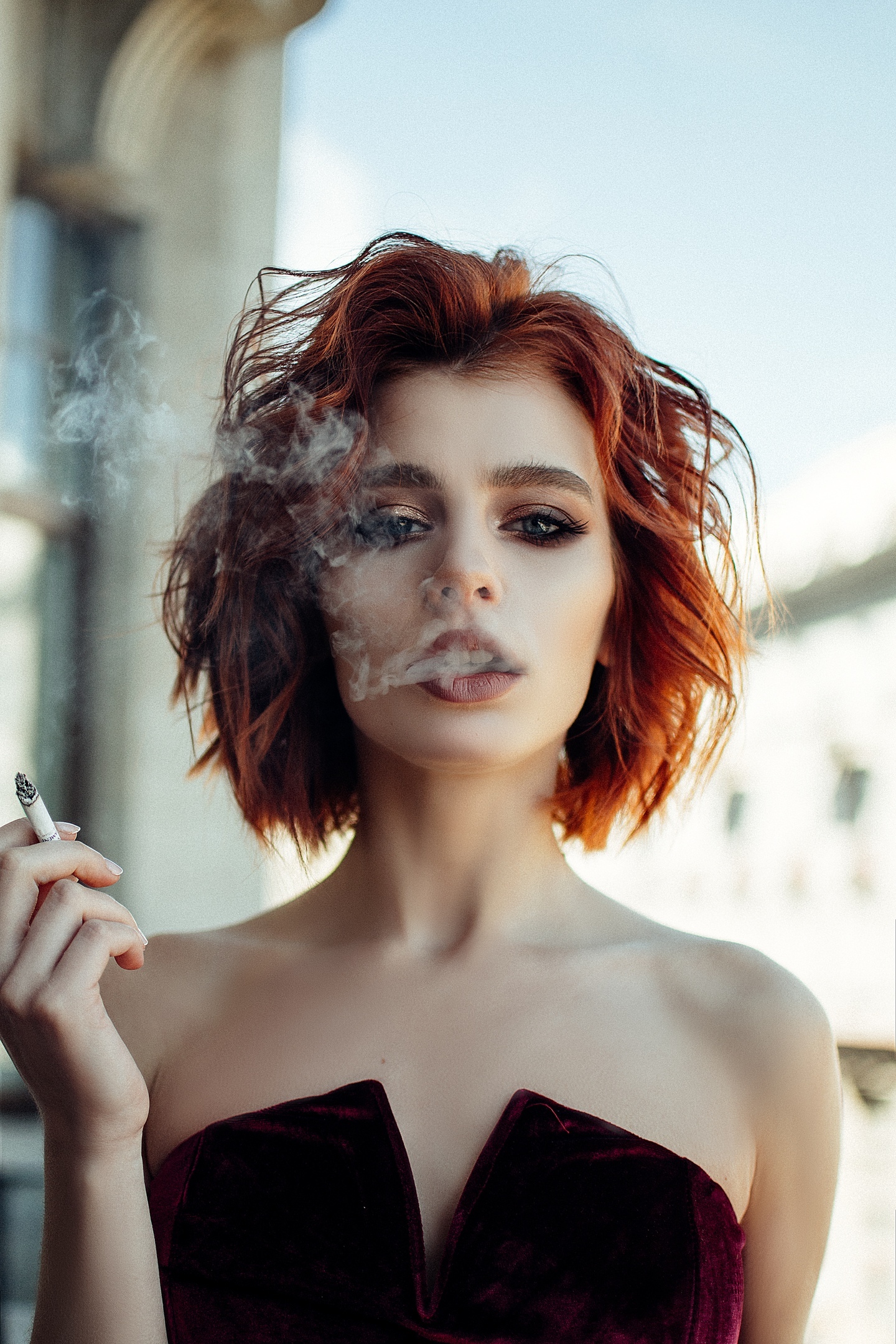 Women Model Short Hair Redhead Dyed Hair Looking At Viewer Vertical Natural Light Smoking Smoke Skin 1440x2160