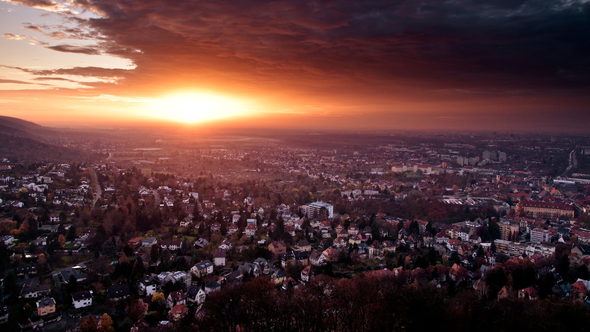 Cityscape Sunset Birds Eye View Sky Clouds Sunlight Germany Baden Wurttemberg 1920x1080