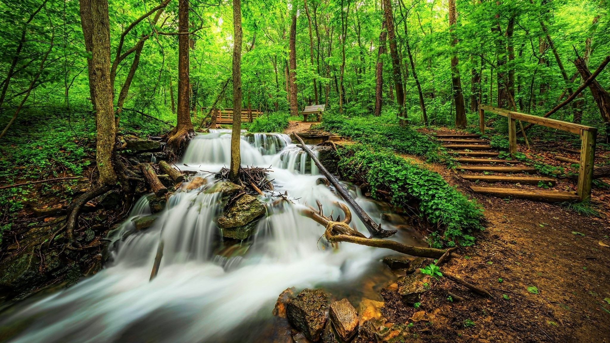 Earth Waterfall Forest Green Steps 2048x1152
