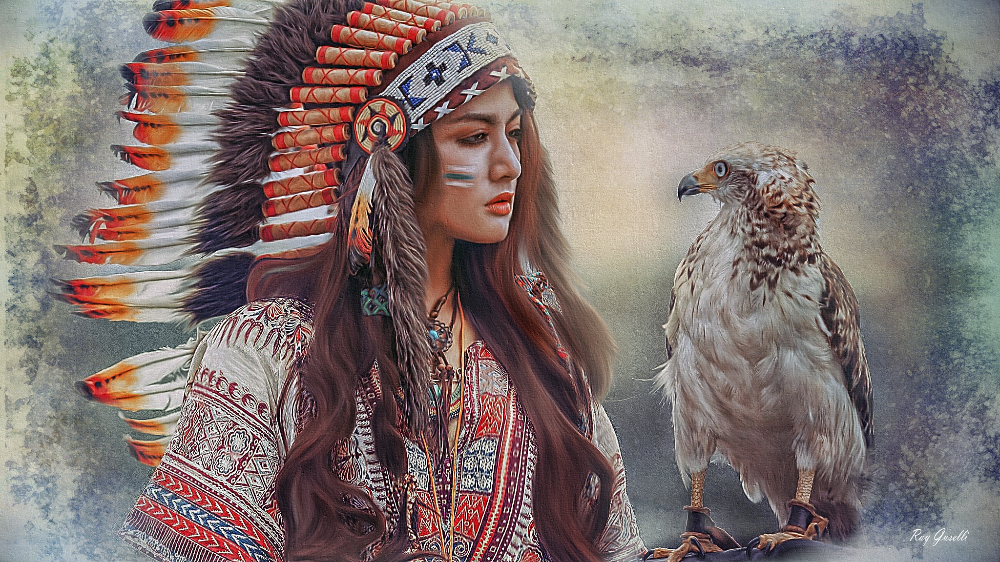 Feathers Indian Women Artwork Birds Fantasy Girl Fantasy Art Long Hair Animals 2048x1152