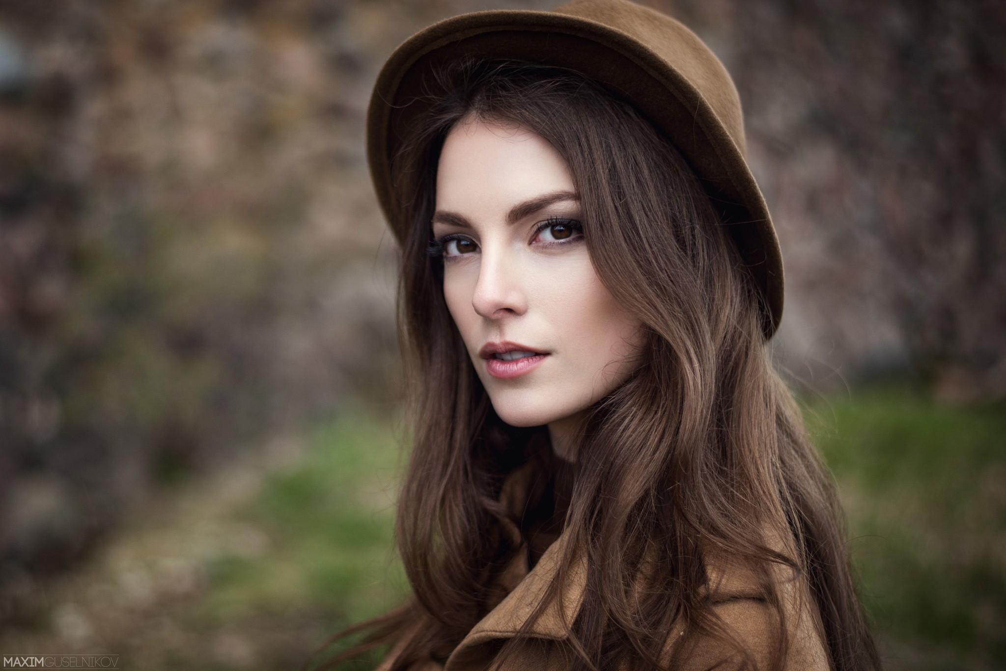 Women Hat Face Brown Eyes Blurred Brunette Maxim Guselnikov Karina Sunceva Brown Coat Millinery 2048x1367