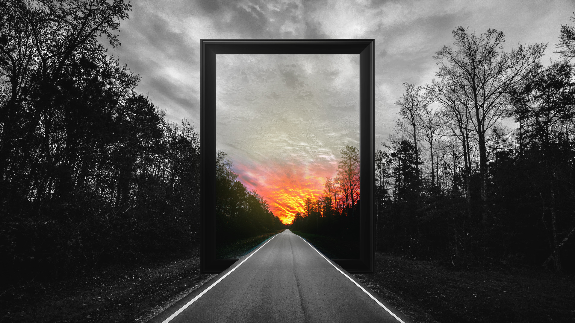 Photo Manipulation Frame Road Forest Sunset Clouds Photoshop Digital Art Matrizen Design 1920x1080