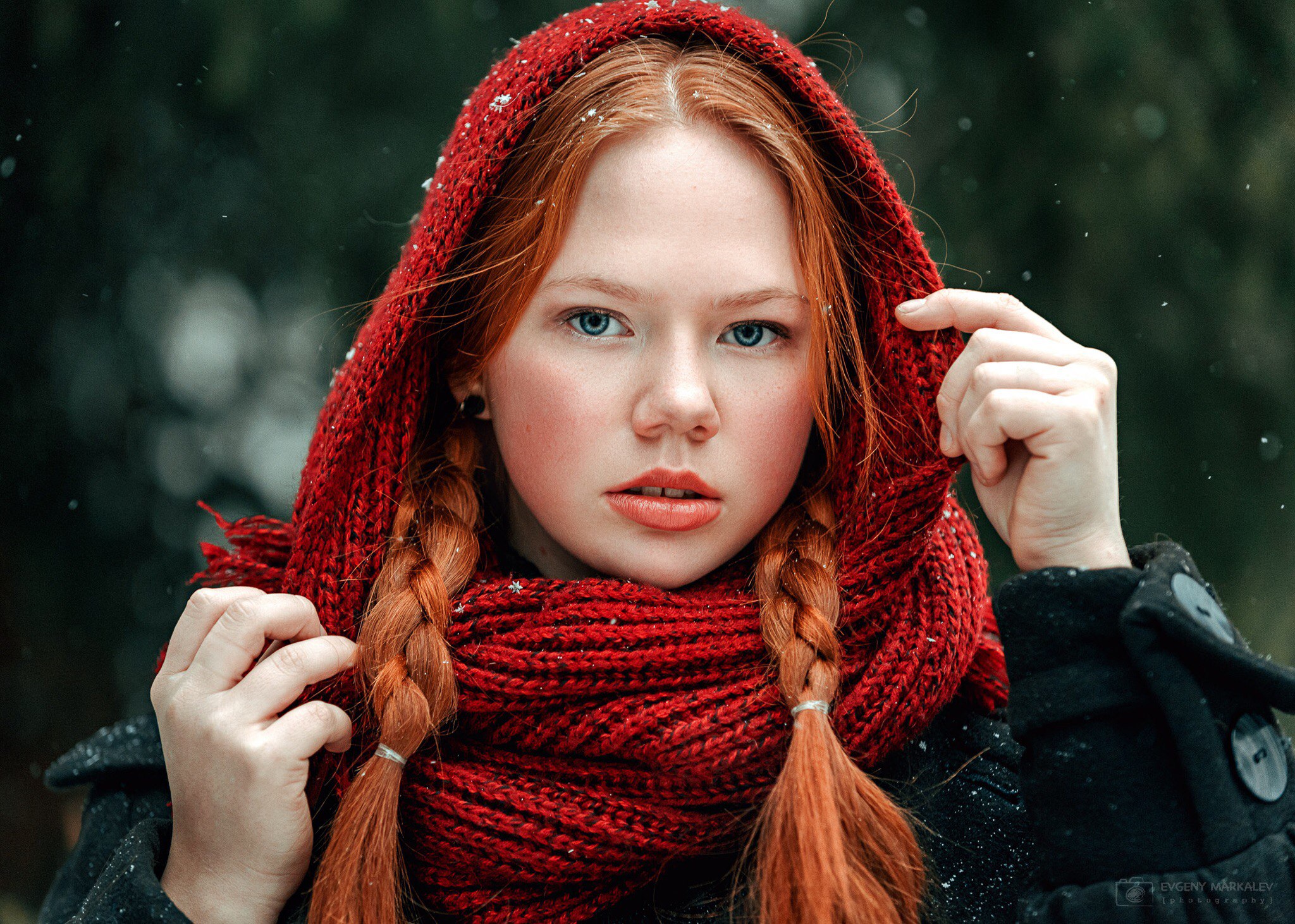Women Redhead Face Women Outdoors Scarf Braids Blue Eyes Evgeny Markalev Russian Women Angelina Koro 2048x1462