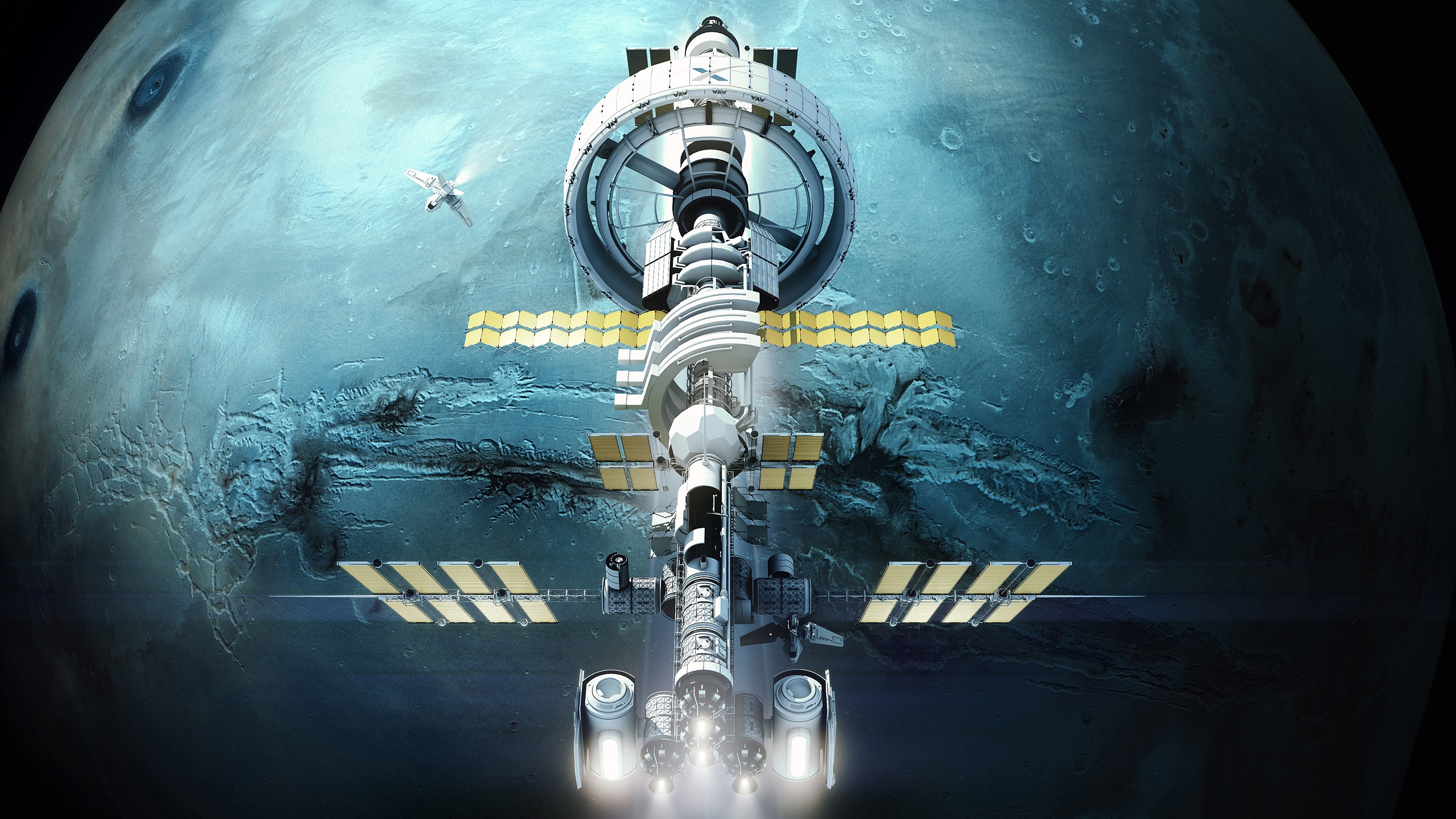 Planet Space Futuristic Science Fiction Spacestation Digital Art Cyan 2560x1440