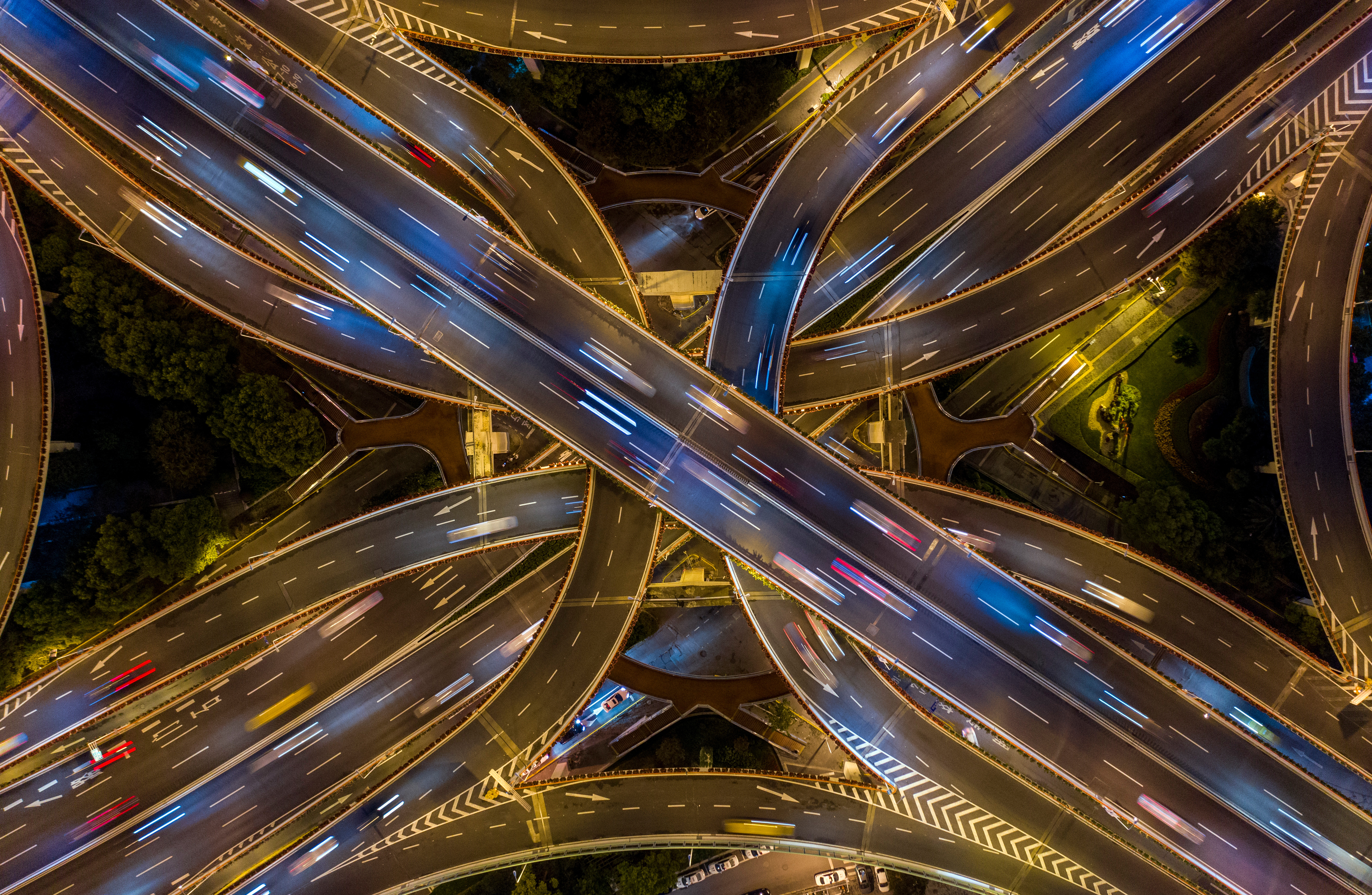 China Birds Eye View Highway Overpass Crossroads Viaduct Top View Traffic Drone Photo Long Exposure  5310x3464