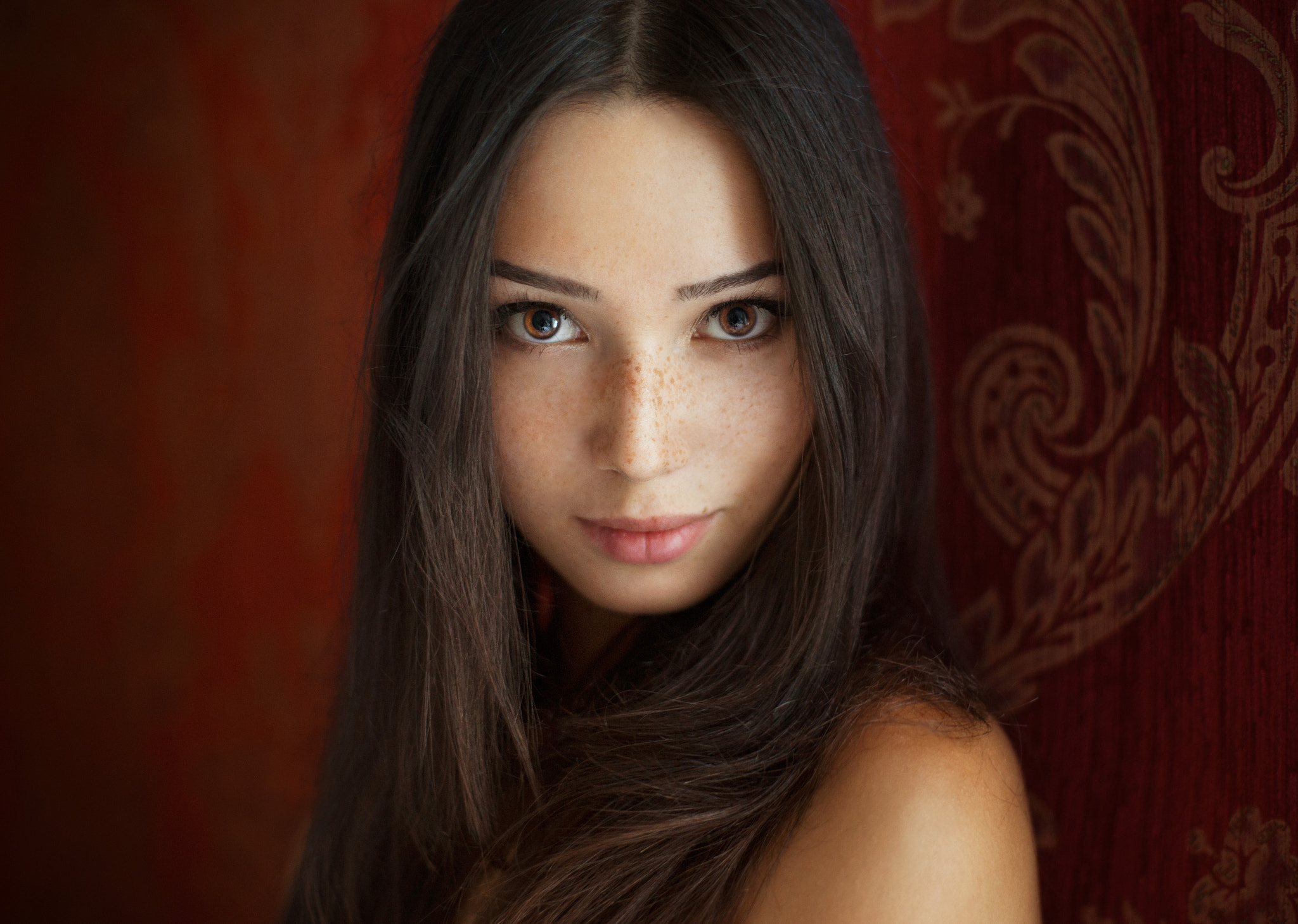 Women Maxim Maximov Face Portrait Mariya Volokh Freckles Brunette Brown Eyes 2048x1459