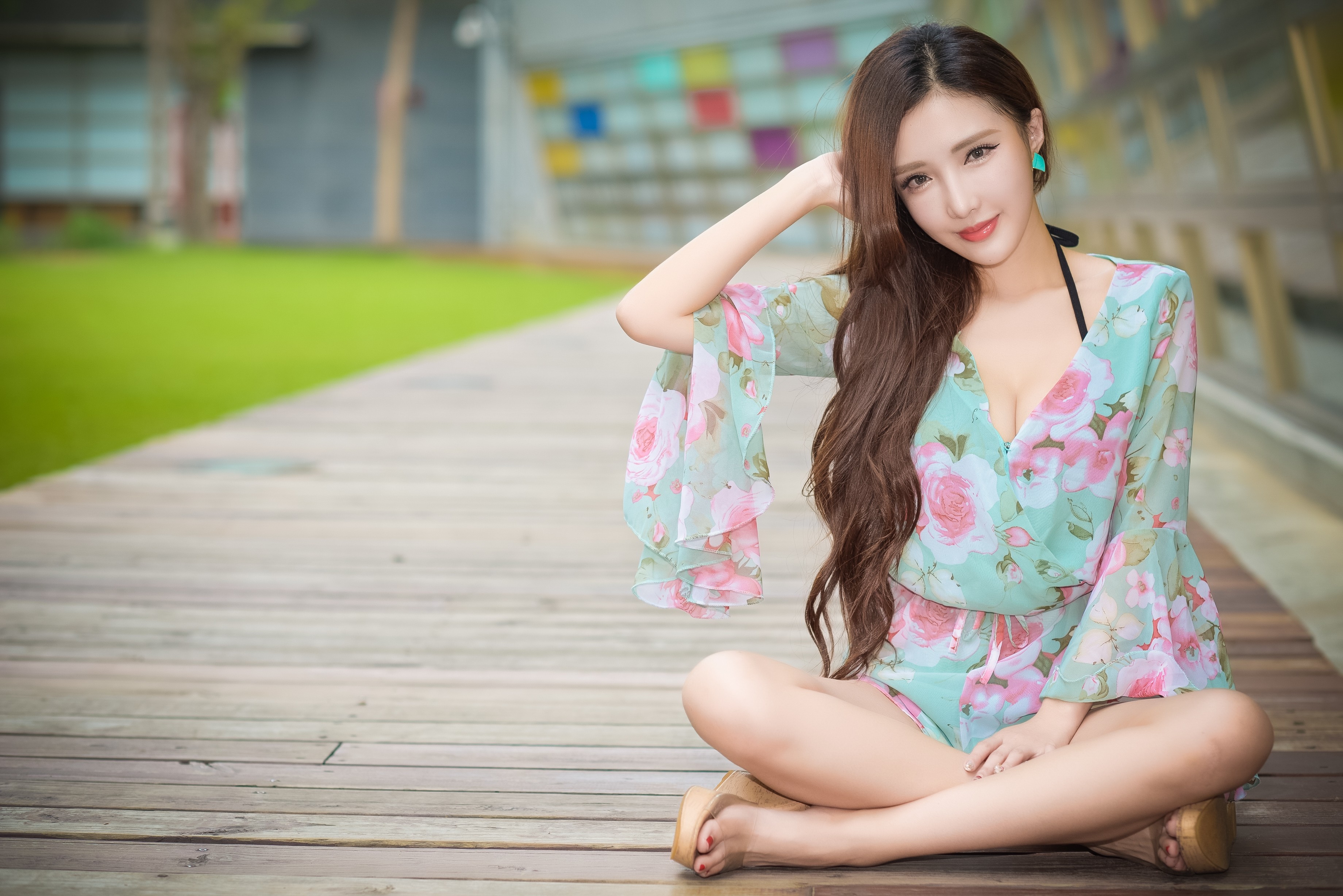 Asian Legs Crossed Women Outdoors Arms Up Long Hair Women Model Brunette Wedge Shoes Feet 3680x2456