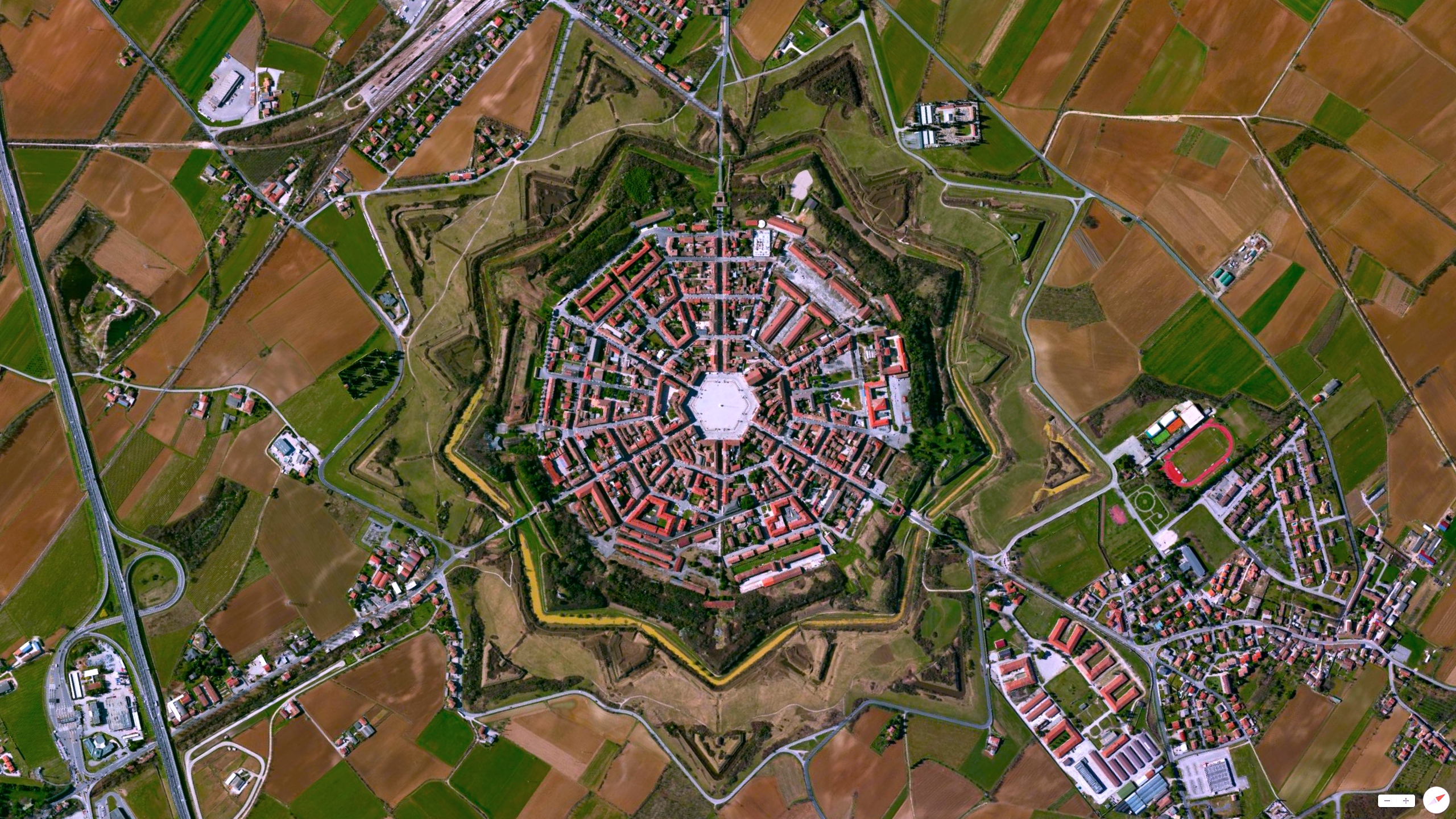 Nature Landscape Aerial View Trees Palmanova Italy Monastery Fort Architecture Town Road Field House 2560x1440