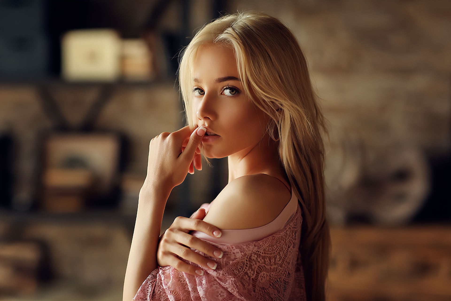 Women Blonde Dmitry Arhar Finger On Lips Portrait Kate Katerina Model Open Mouth Long Hair Pink Clot 1920x1280