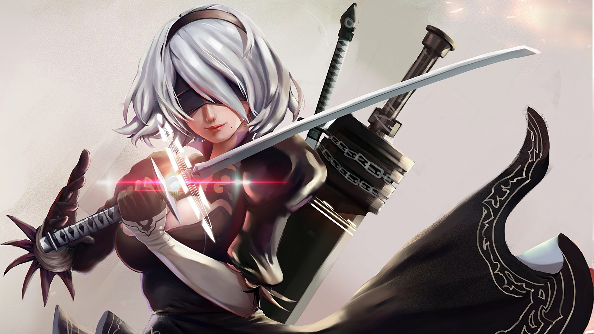 2B Nier Automata Nier Automata 2B Human Android Sword White Background NieR Katana Black Dress White 1920x1080