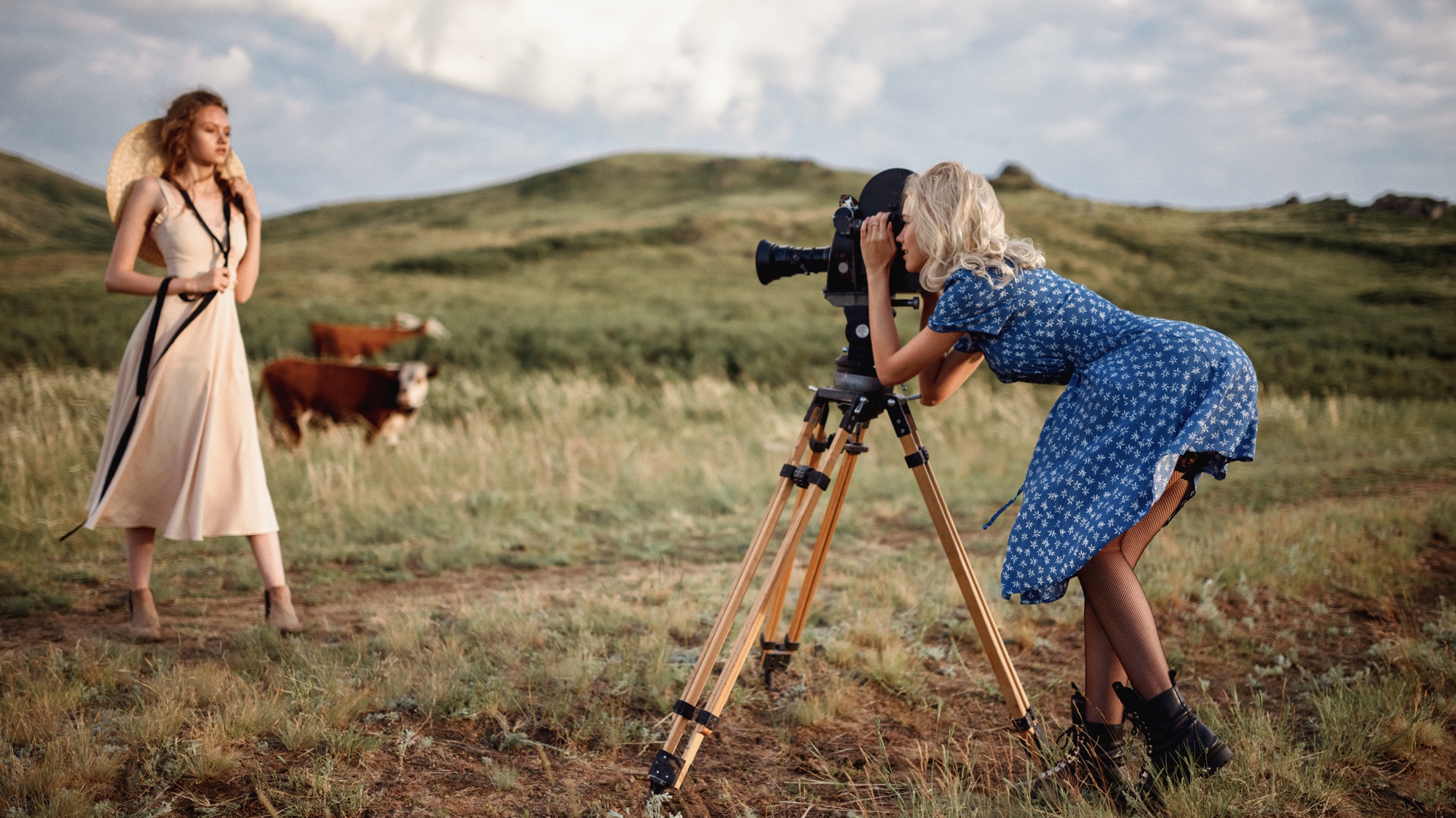 Women Model Two Women Blonde Dress Blue Dress Boots Field Camera Vintage Cow Depth Of Field Outdoors 2000x1125