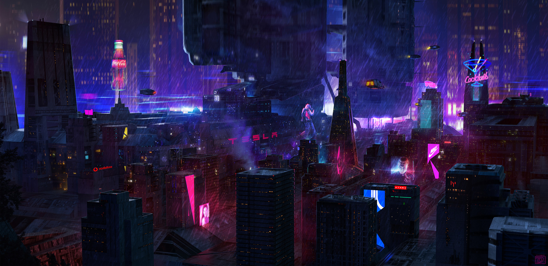 Cyberpunk City Rain Building Neon Glow Neon Cityscape Night Flying Car Science Fiction 1920x931