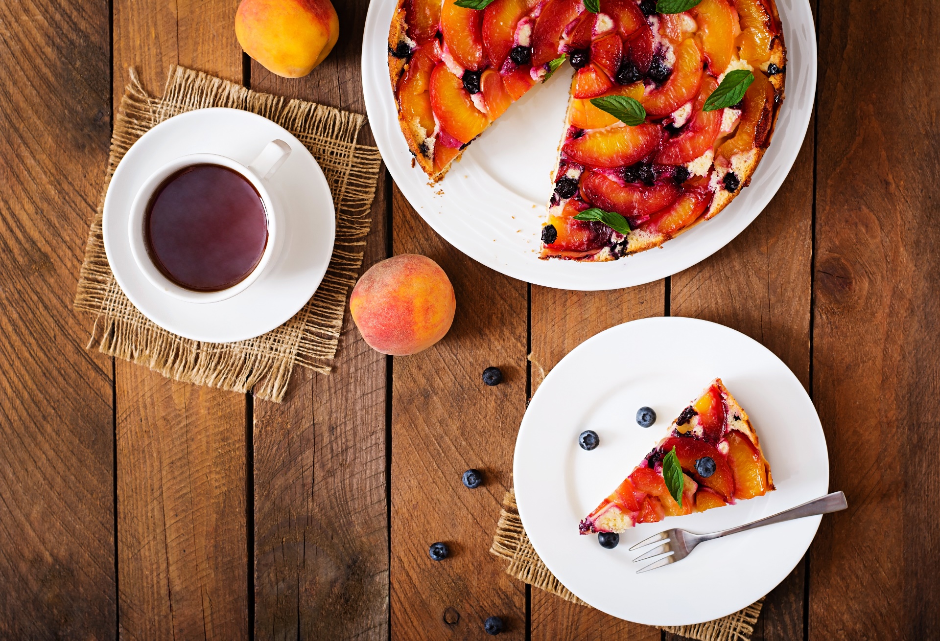 Food Sweets Cake Fruit Peaches Blueberries Mint Leaves Pie Coffee Fork Wooden Surface 1920x1310