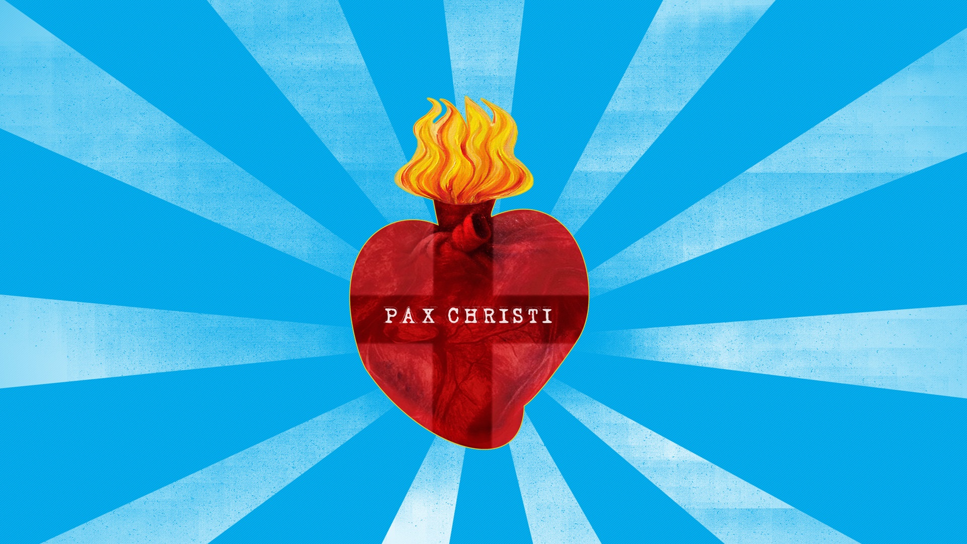 Sacred Heart Jesus Christ Heart Fire Sun Rays Cyan Red Crucifix Typography 1920x1080