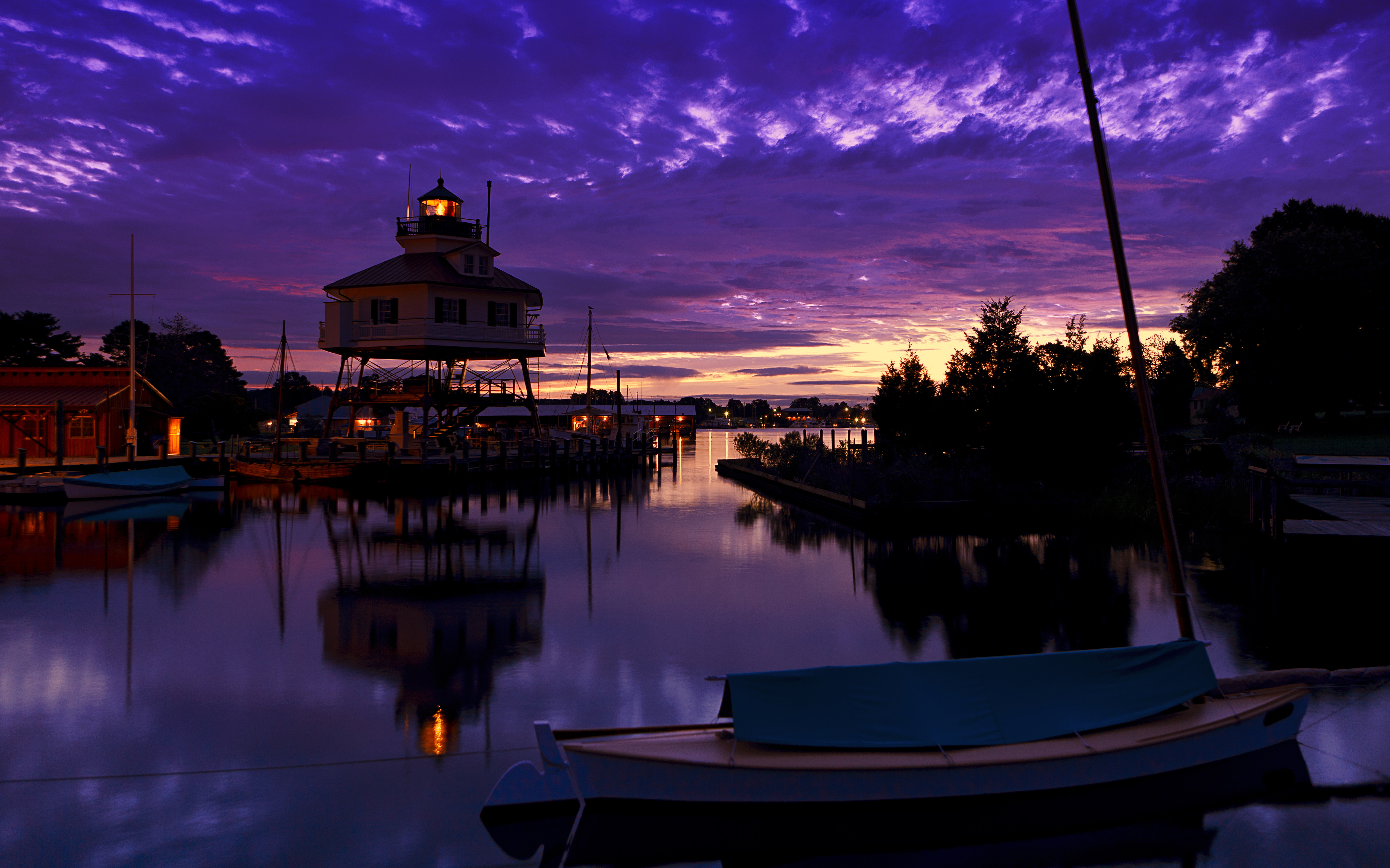 Sunrise Lighthouse Clouds Boat Town Reflection 5120x3200