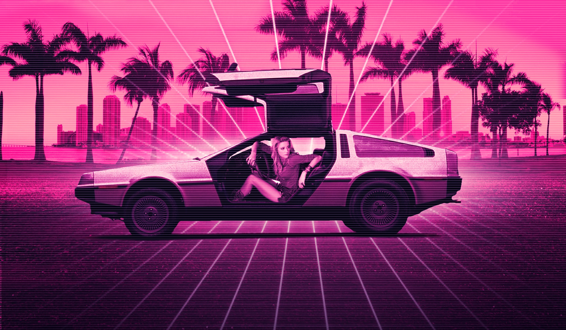 DeLorean Car Women Neon Women With Cars Vehicle Amber Heard Synthwave Pink Open Door 1920x1120